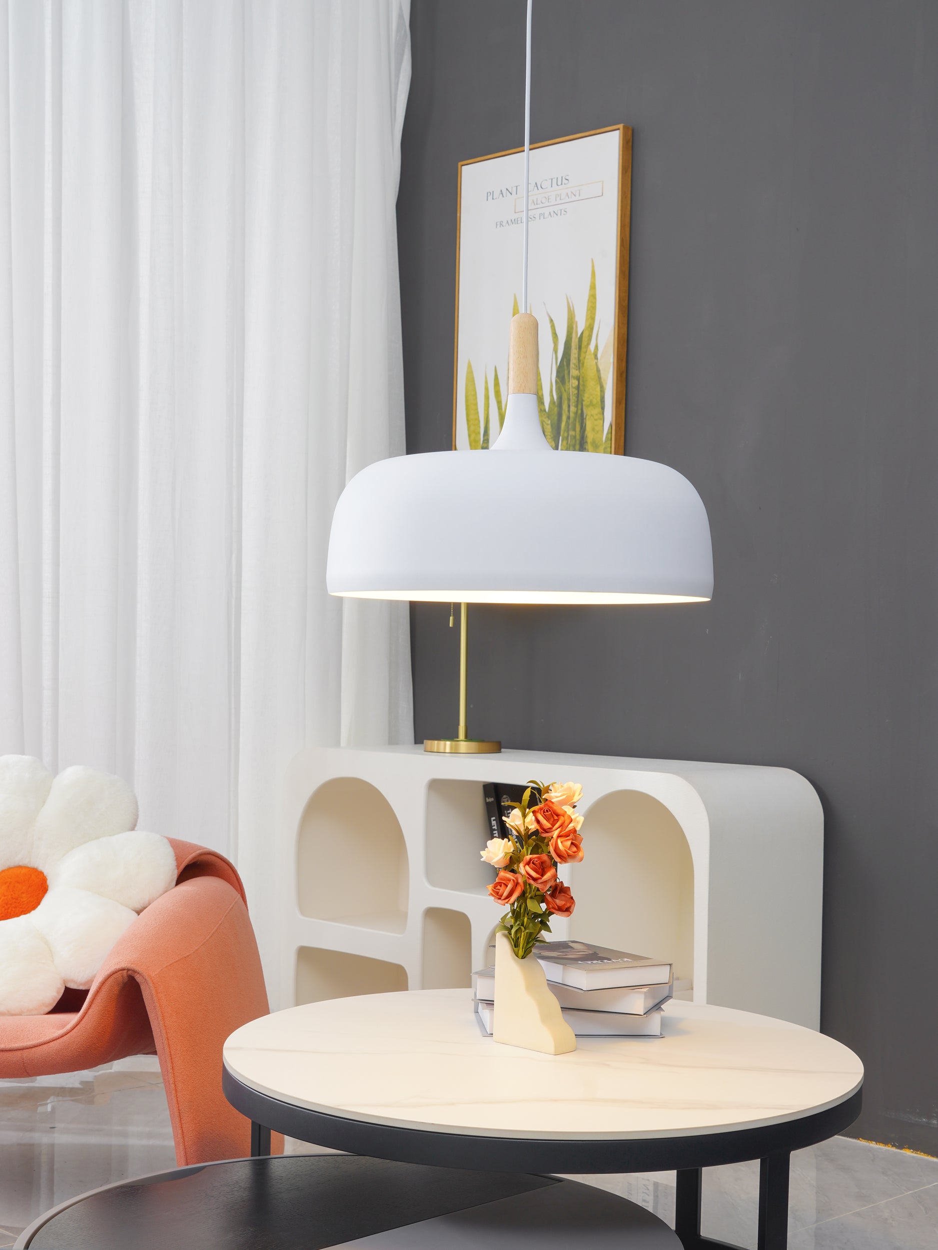 Lustra Pendant Lamp White Shade Wood-Neutral Decor