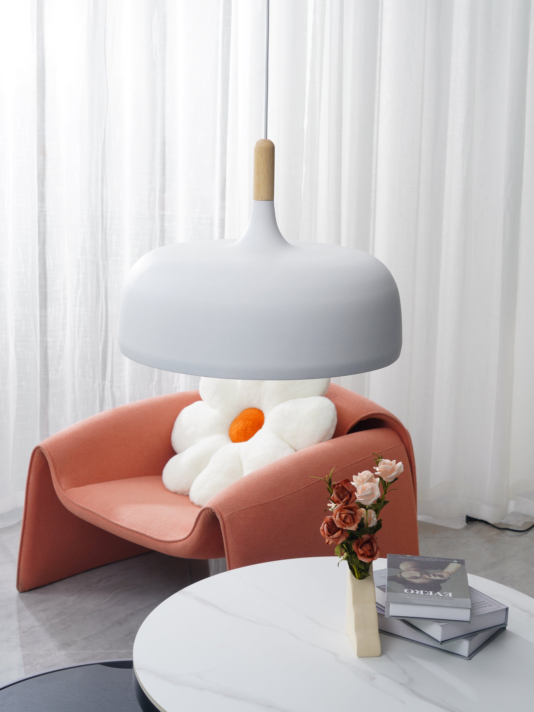 Lustra Pendant Lamp White Shade Wood-Neutral Decor