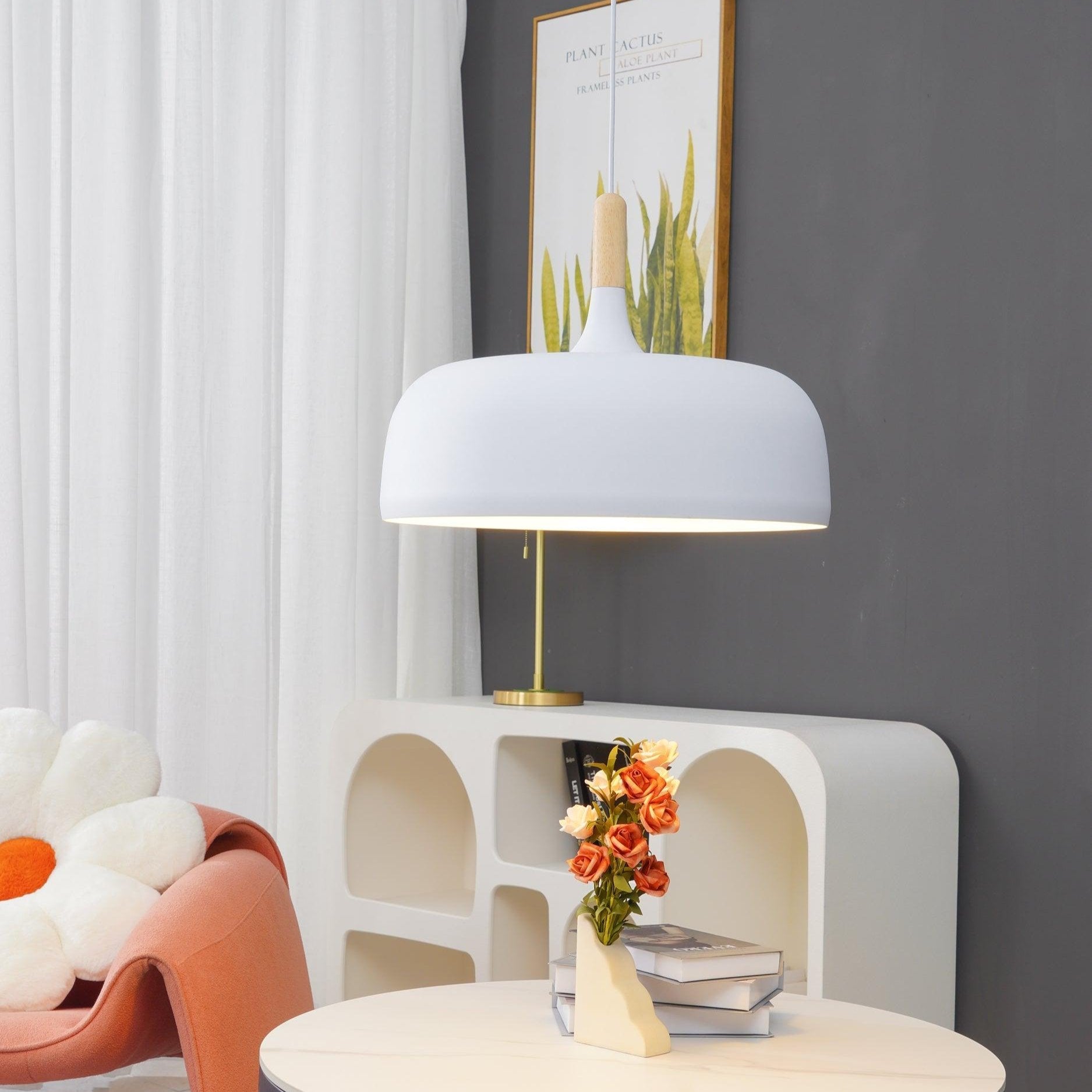 Lustra Pendant Lamp White Shade Wood-Neutral Decor
