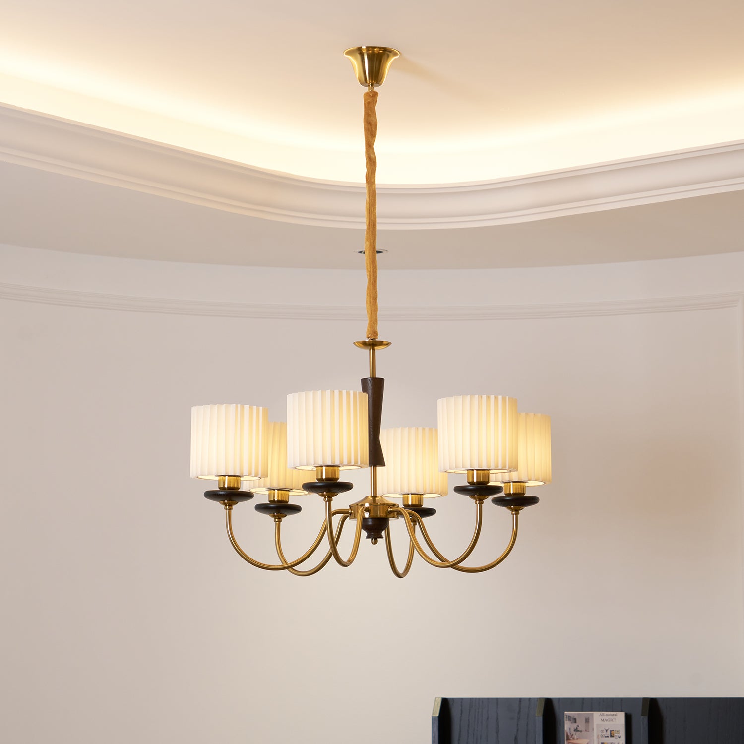 Corviel Chandelier Brass Fabric Pleated Shades-Neutral Decor