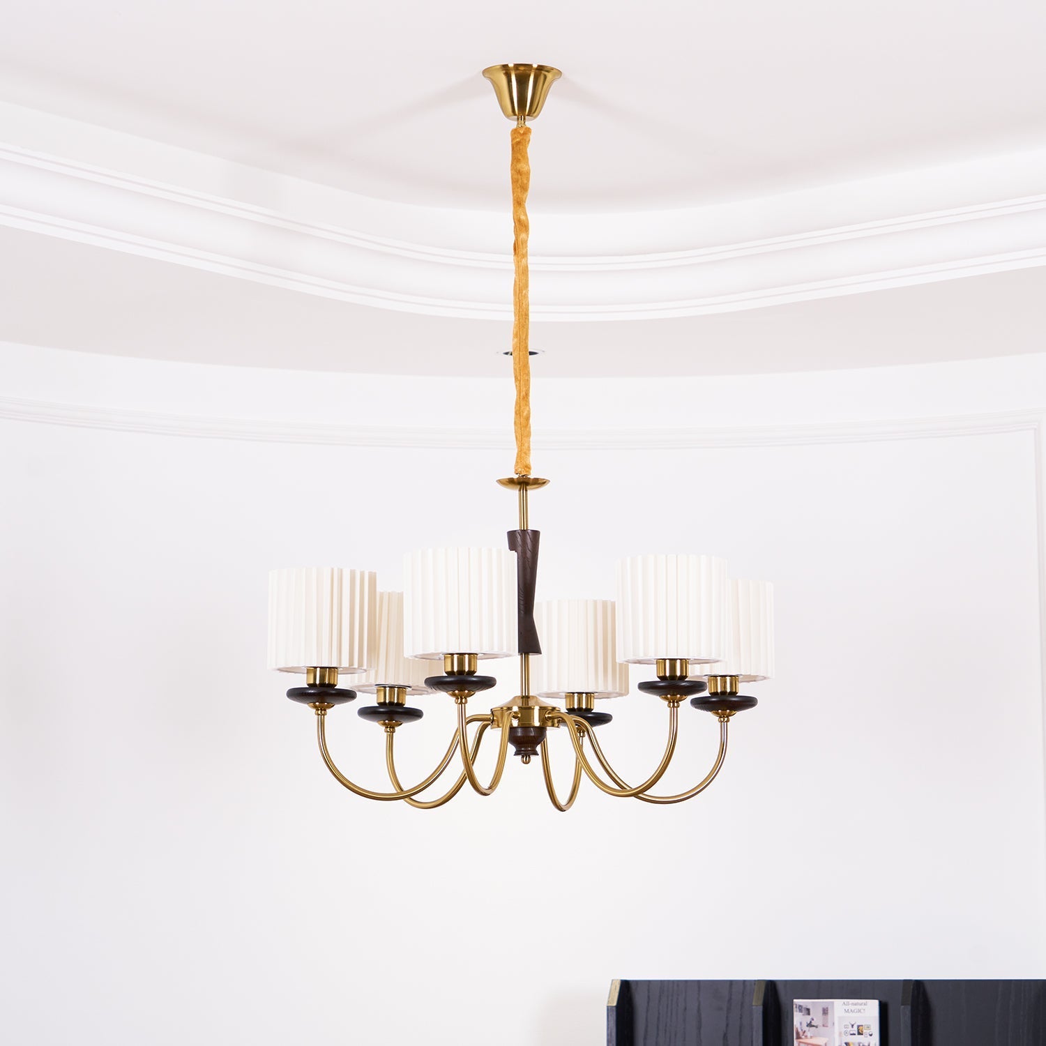 Corviel Chandelier Brass Fabric Pleated Shades-Neutral Decor