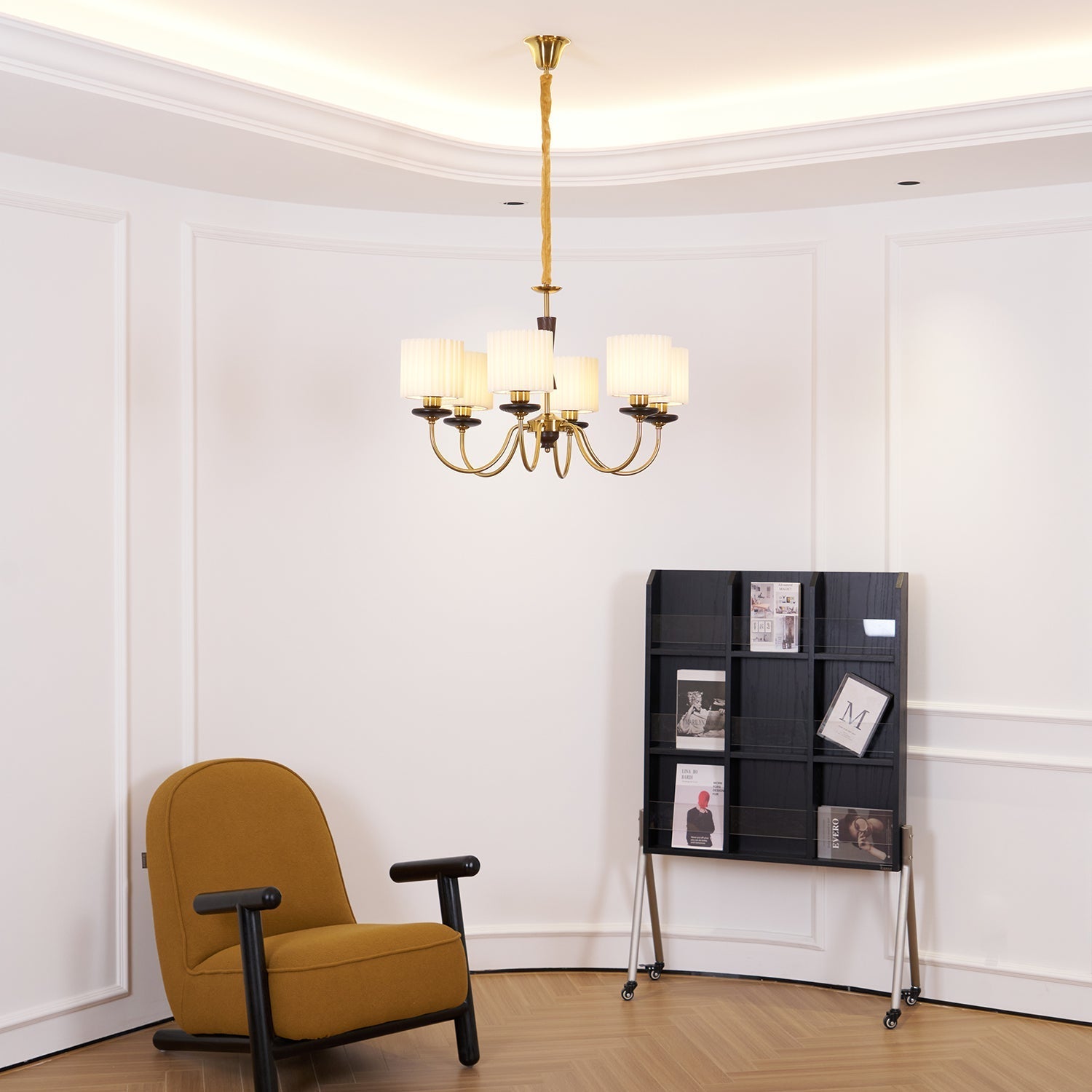 Corviel Chandelier Brass Fabric Pleated Shades-Neutral Decor