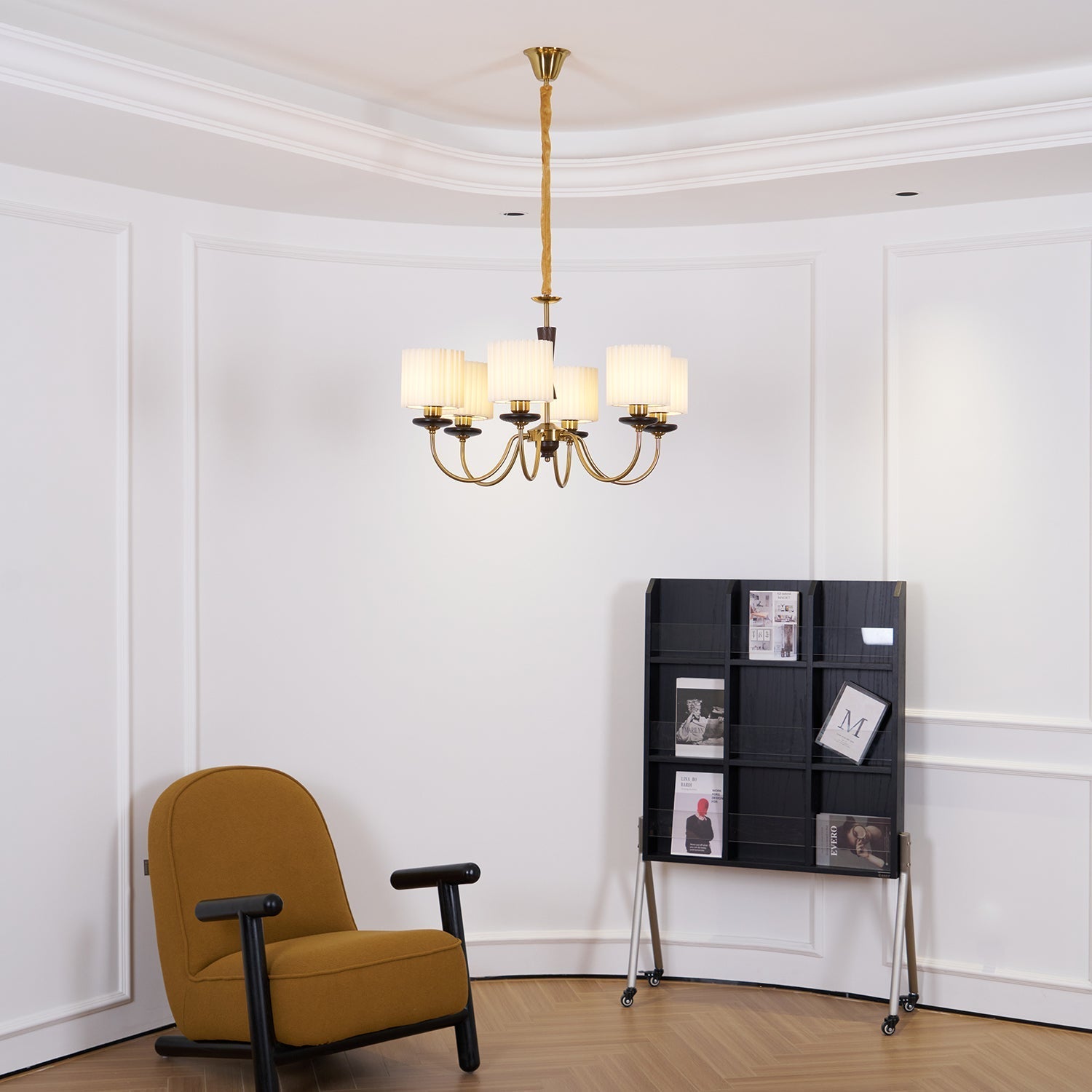 Corviel Chandelier Brass Fabric Pleated Shades-Neutral Decor