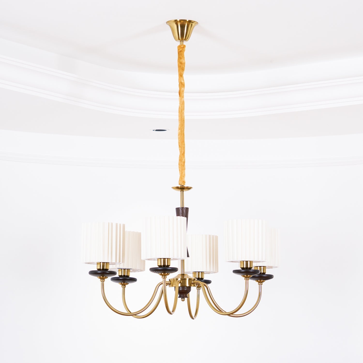 Corviel Chandelier Brass Fabric Pleated Shades-Neutral Decor