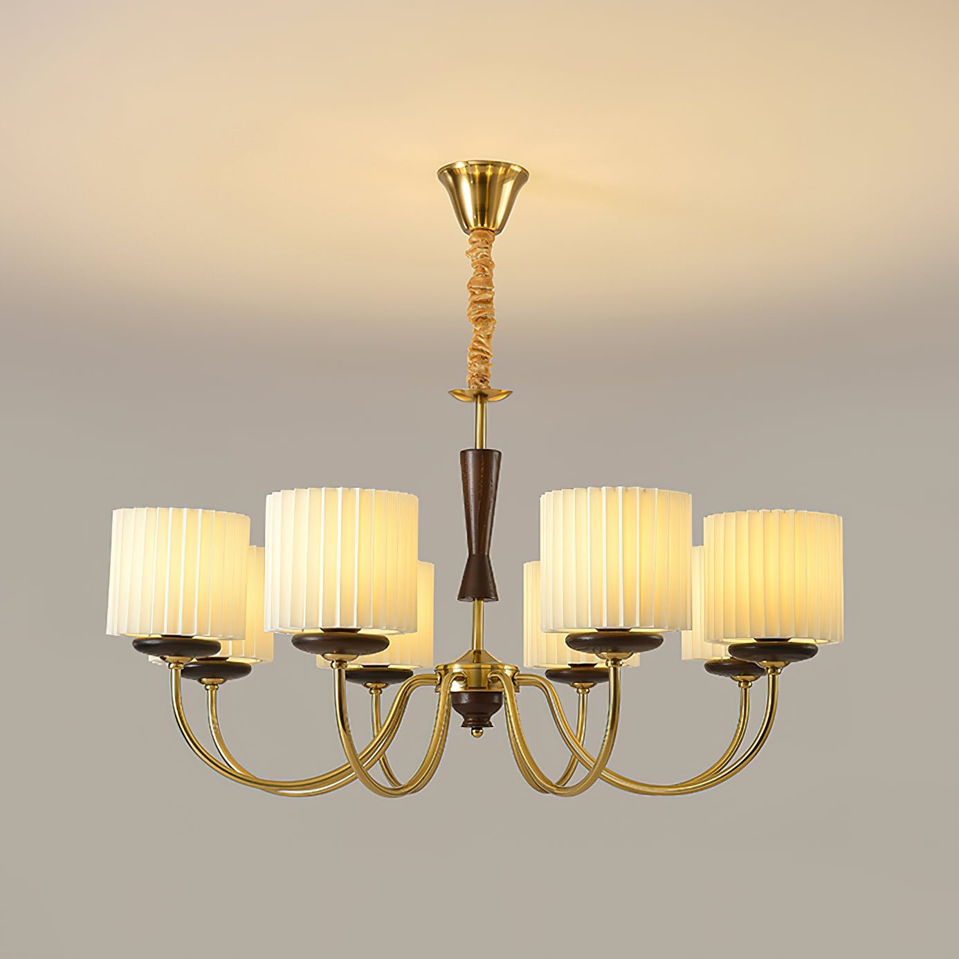Corviel Chandelier Brass Fabric Pleated Shades-Neutral Decor