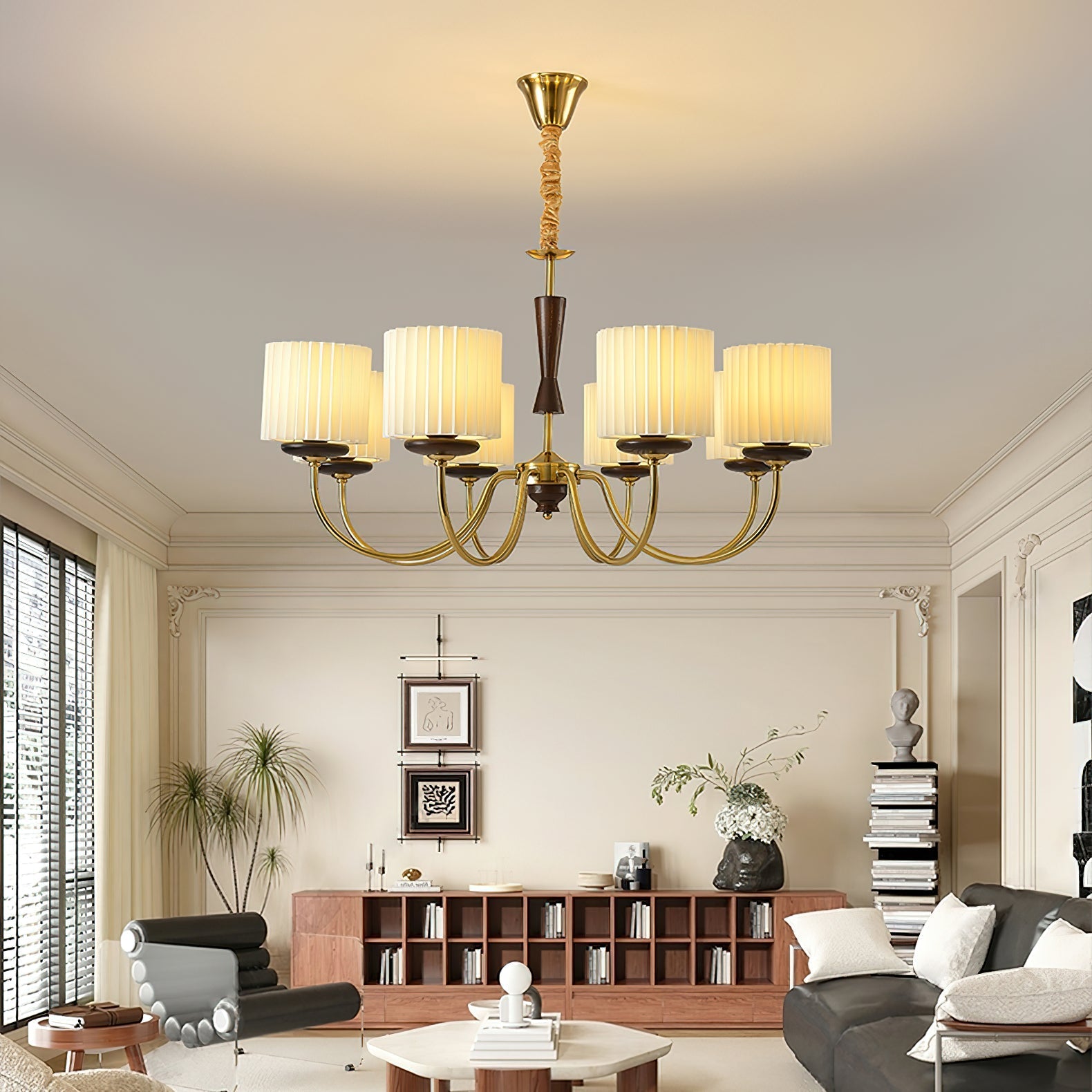 Corviel Chandelier Brass Fabric Pleated Shades-Neutral Decor