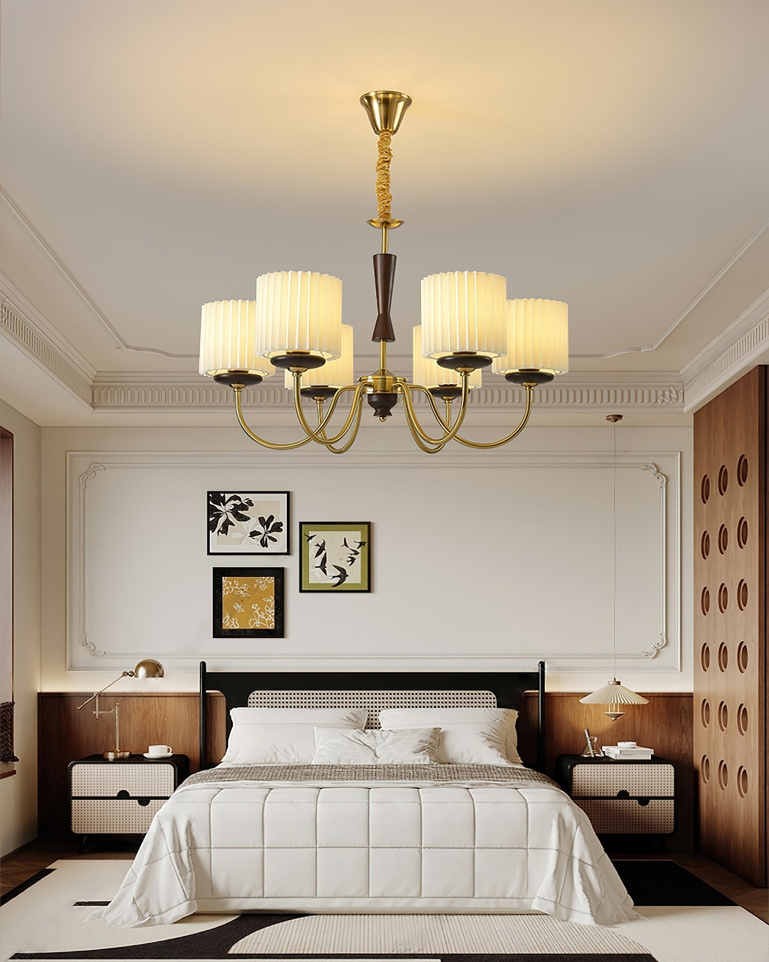 Corviel Chandelier Brass Fabric Pleated Shades-Neutral Decor