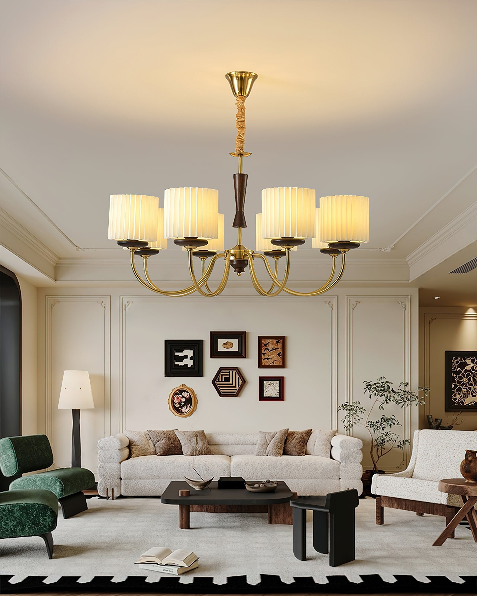 Corviel Chandelier Brass Fabric Pleated Shades-Neutral Decor