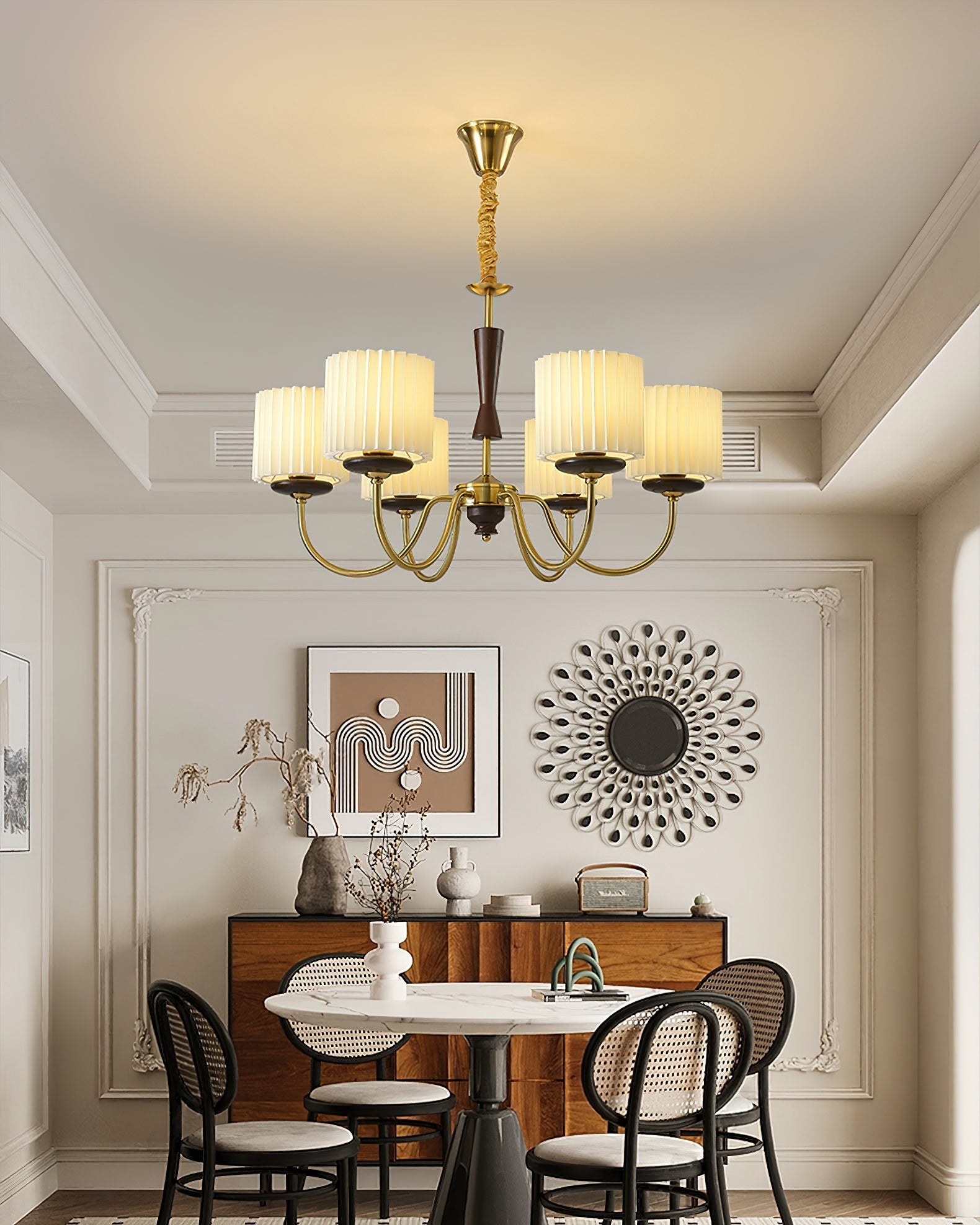 Corviel Chandelier Brass Fabric Pleated Shades-Neutral Decor