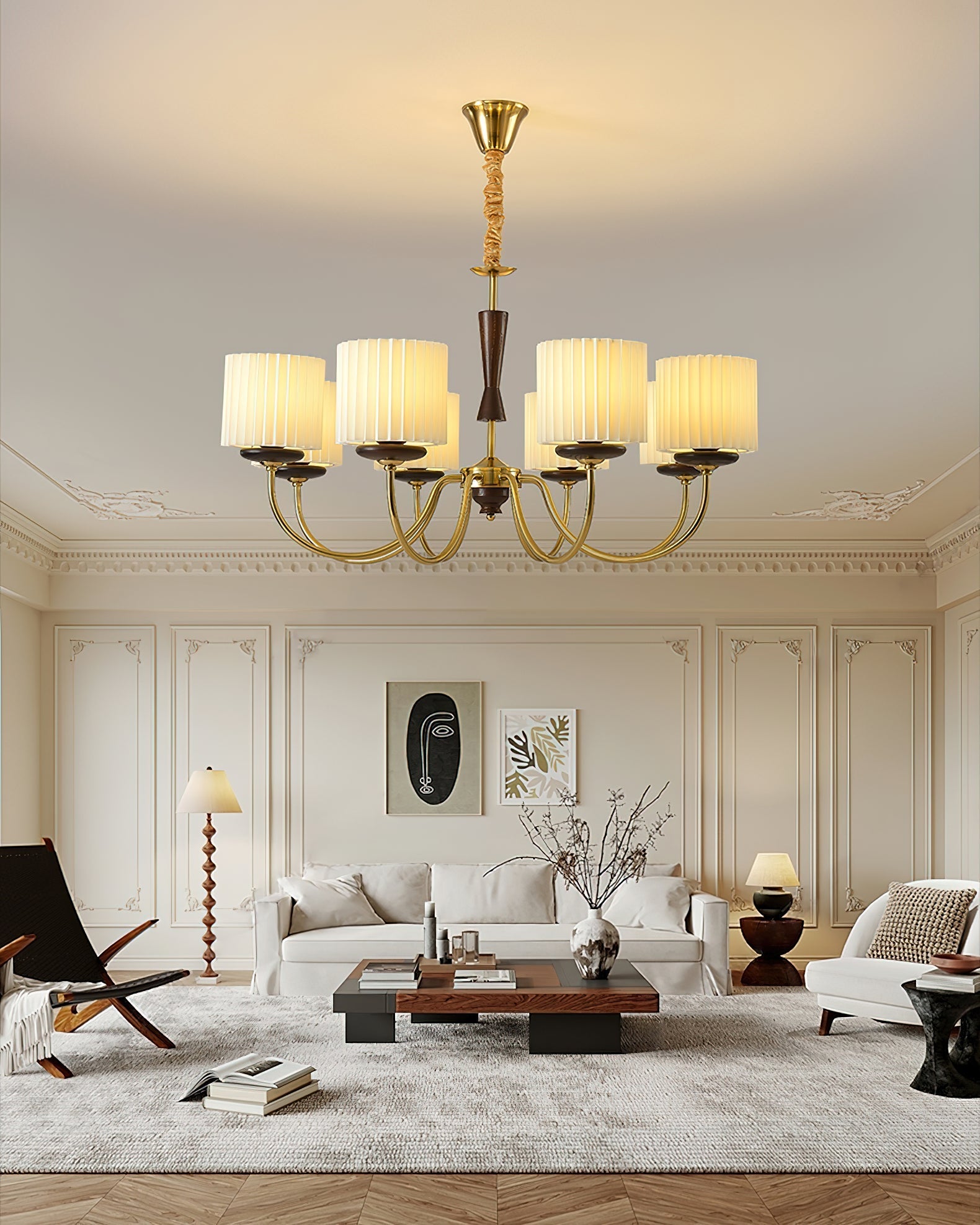 Corviel Chandelier Brass Fabric Pleated Shades-Neutral Decor