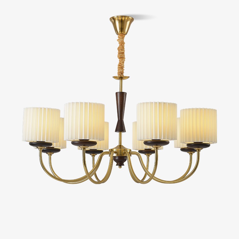 Corviel Chandelier Brass Fabric Pleated Shades-Neutral Decor