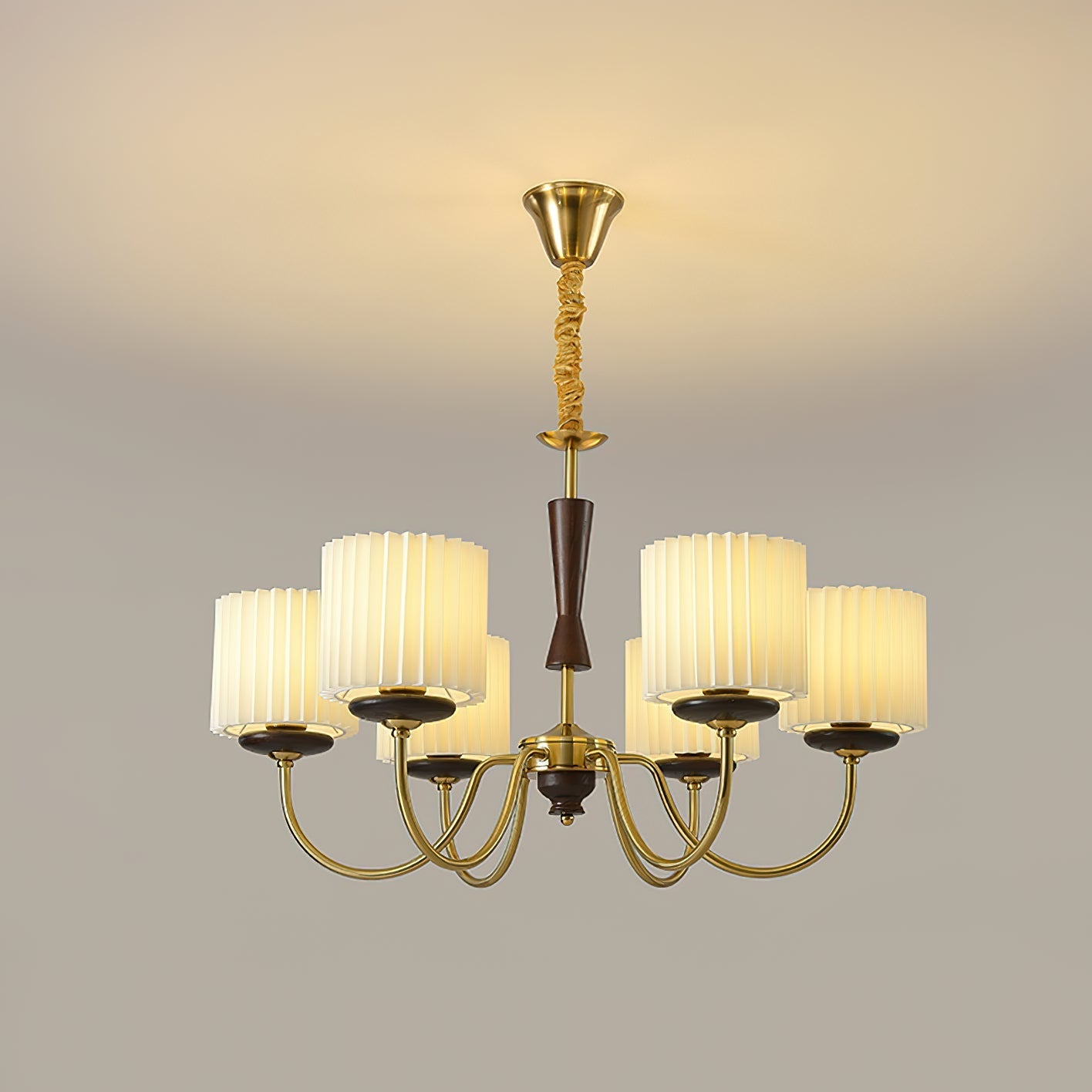 Corviel Chandelier Brass Fabric Pleated Shades-Neutral Decor