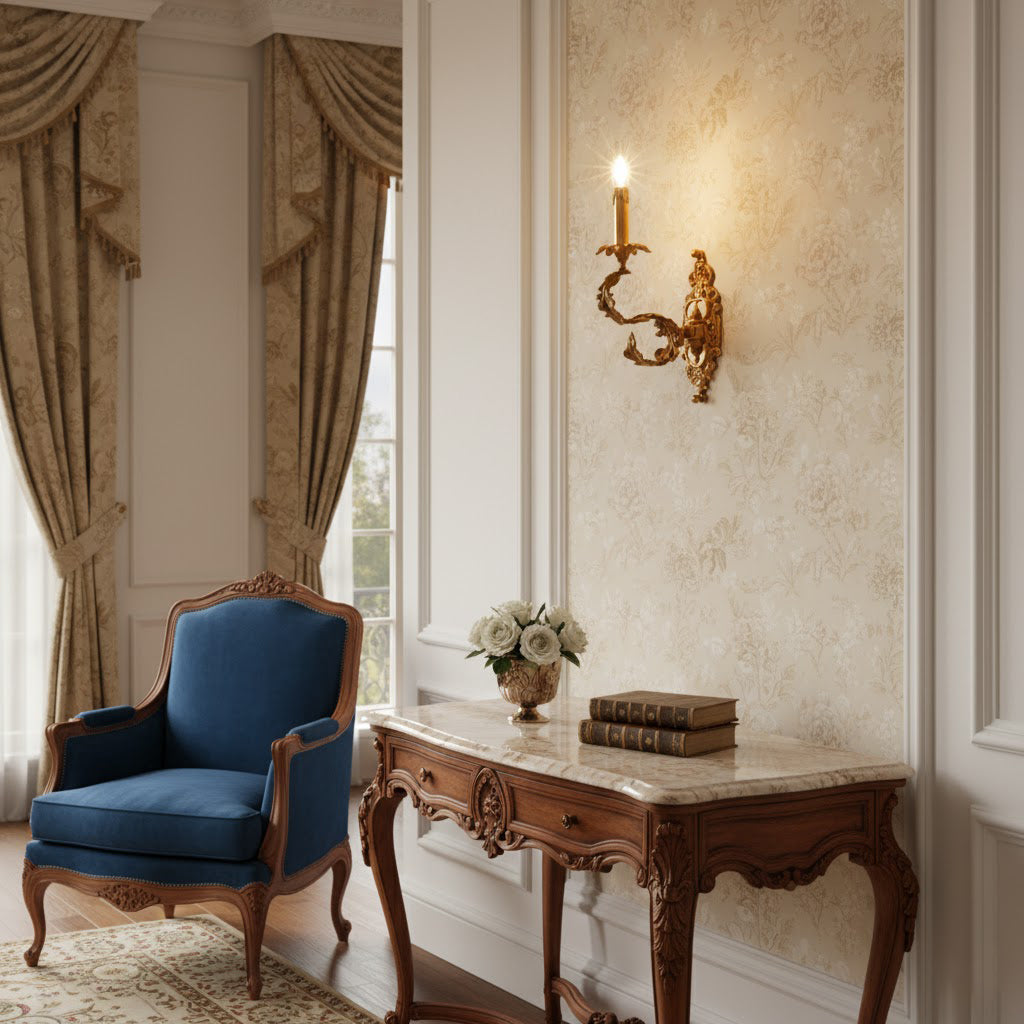Angled view of the Adriana Baroque Wall Lamp against a neutral wall.