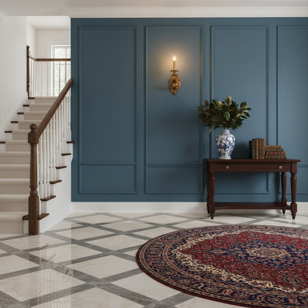 The elegant scrollwork of the baroque-style brass arm.
