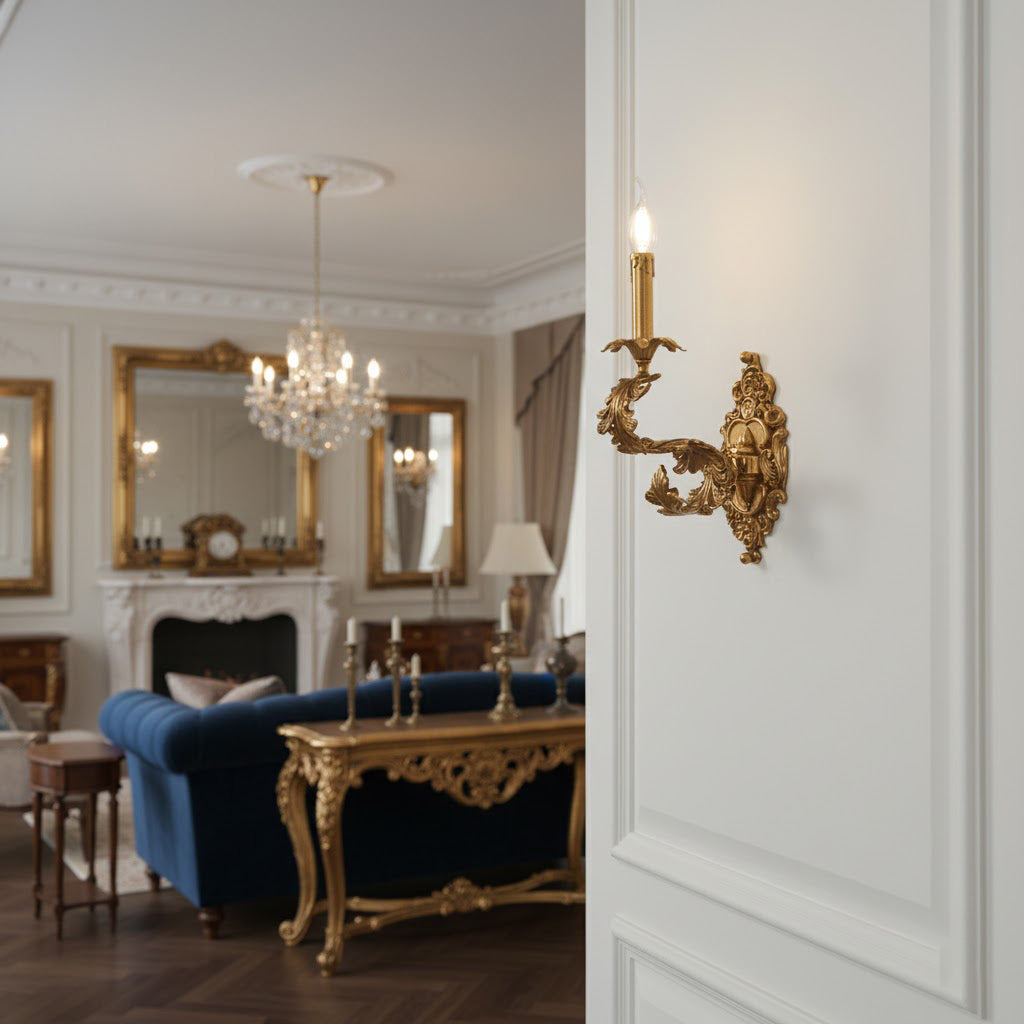 Close-up of the intricate baroque details on the brass fixture.