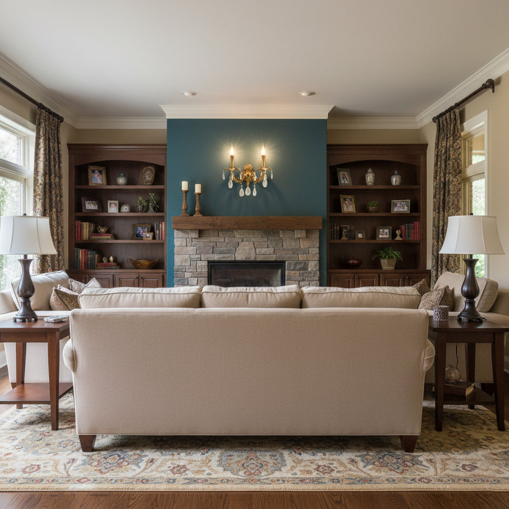 The two-head Adriana lamp above a console table.