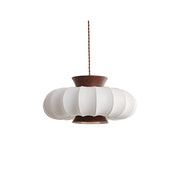 Aeron Pendant Light with white fabric shade and walnut accent.