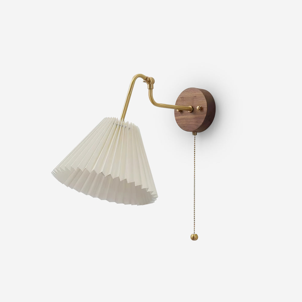 Vintage Brass & Walnut Wall Lamp with Pleated Fabric Shade