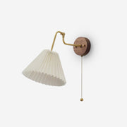 Vintage Brass & Walnut Wall Lamp with Pleated Fabric Shade