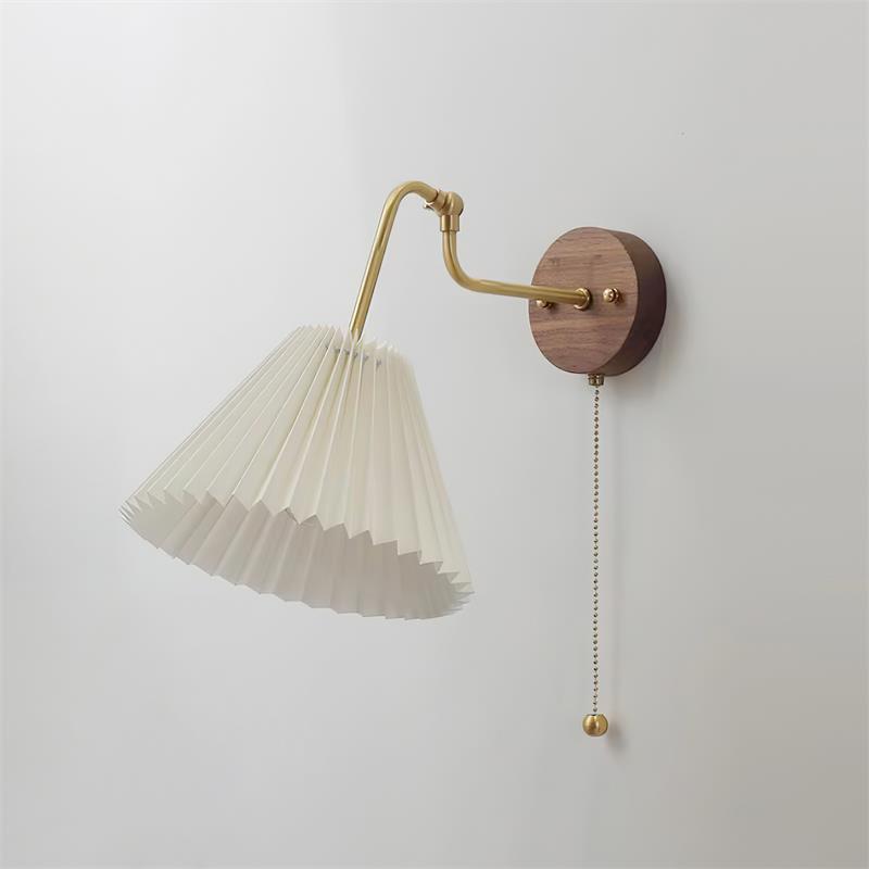 Vintage Brass & Walnut Wall Lamp with Pleated Fabric Shade