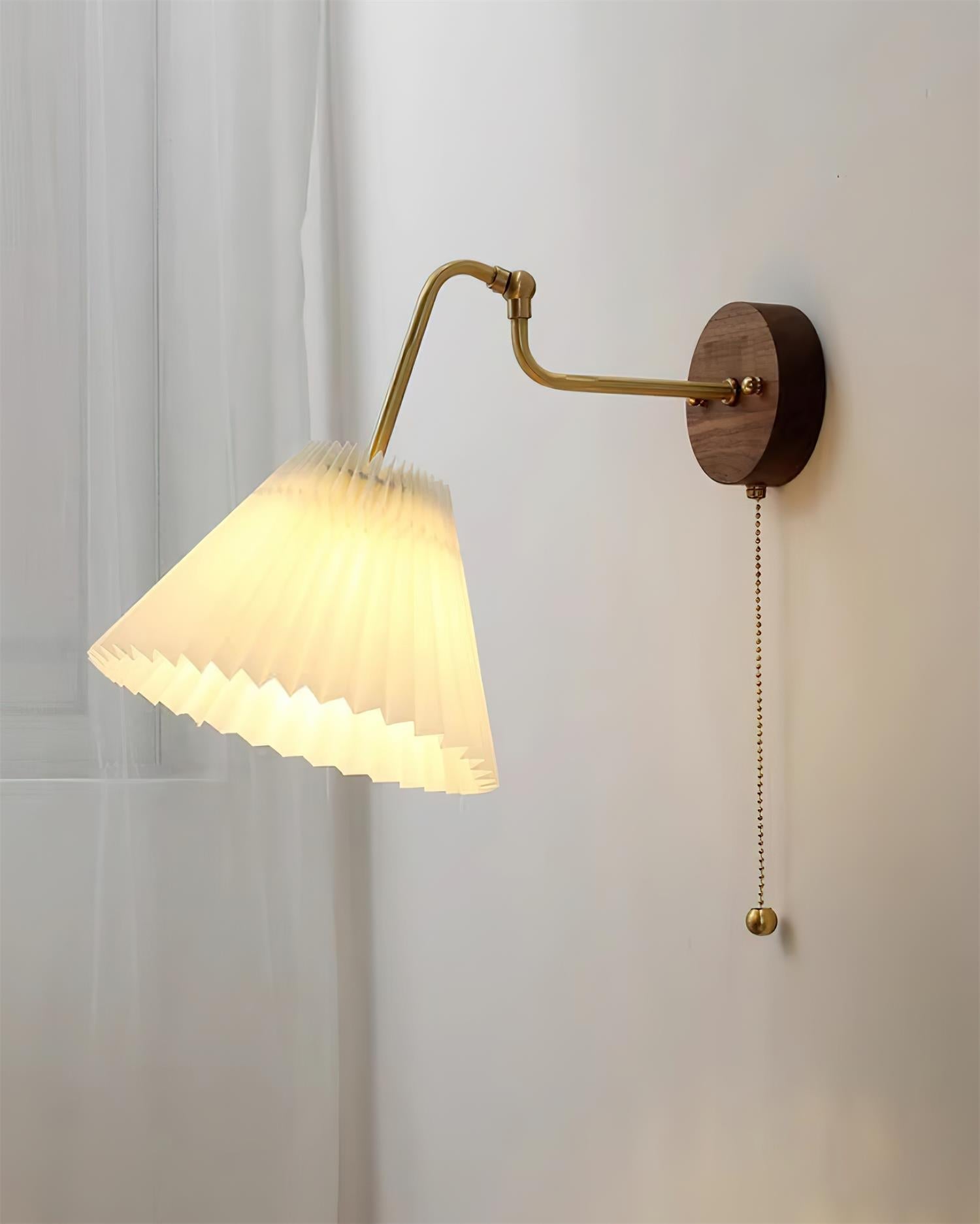 Vintage Brass & Walnut Wall Lamp with Pleated Fabric Shade