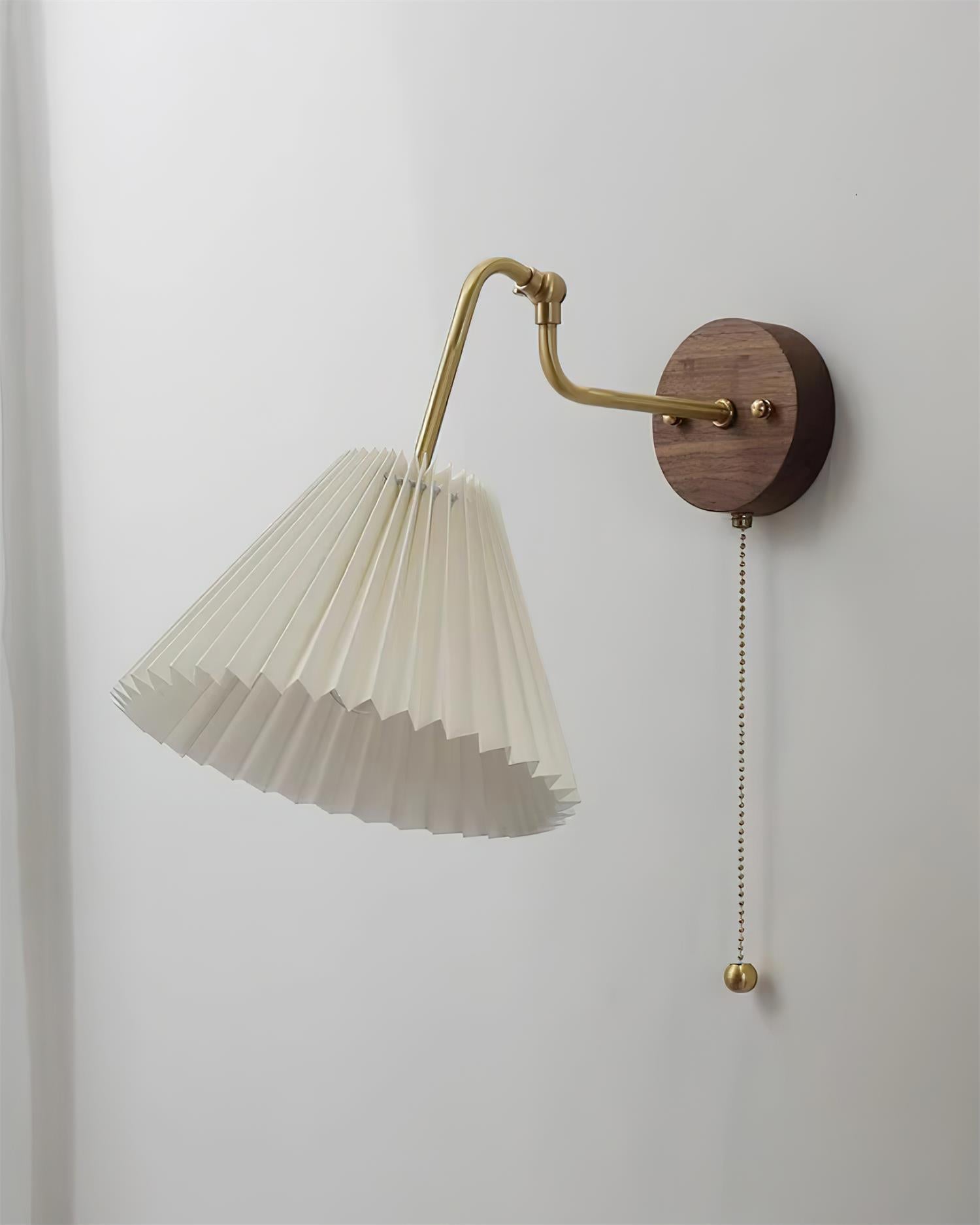 Vintage Brass & Walnut Wall Lamp with Pleated Fabric Shade