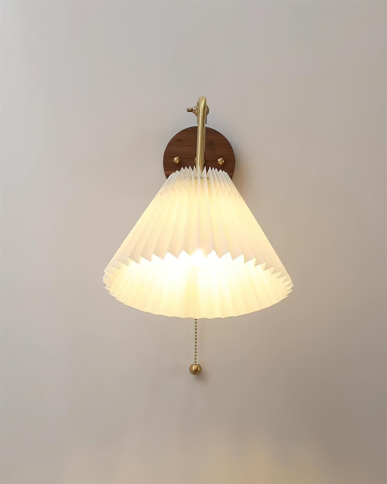 Vintage Brass & Walnut Wall Lamp with Pleated Fabric Shade