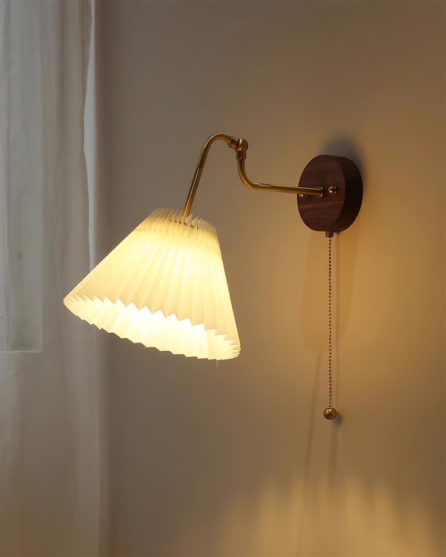 Vintage Brass & Walnut Wall Lamp with Pleated Fabric Shade