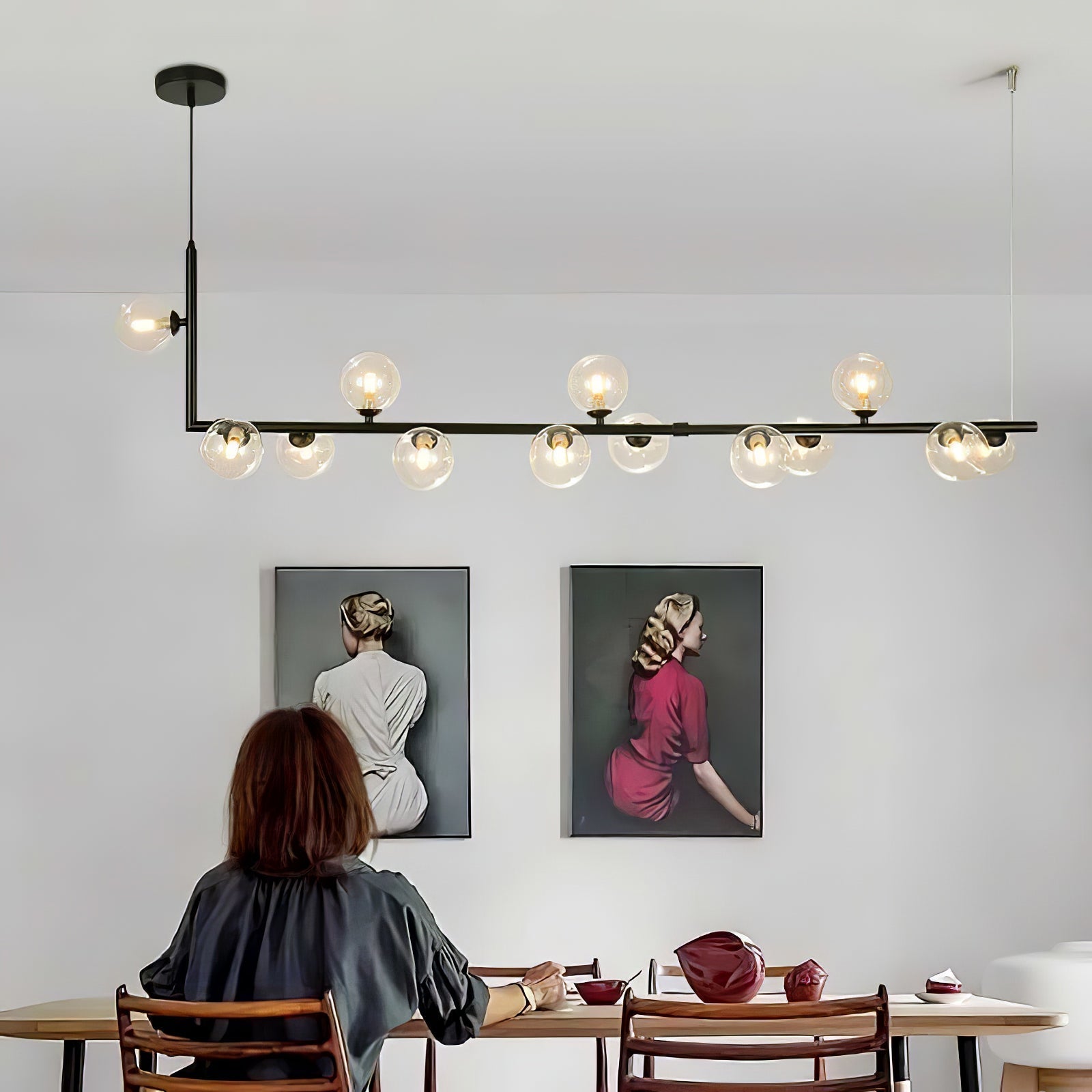 Moss Chandelier Glass with Black Steel Linear-Neutral Decor