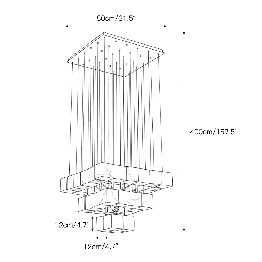 A 25-head Alabaster Box Chandelier illuminating a double-height foyer.