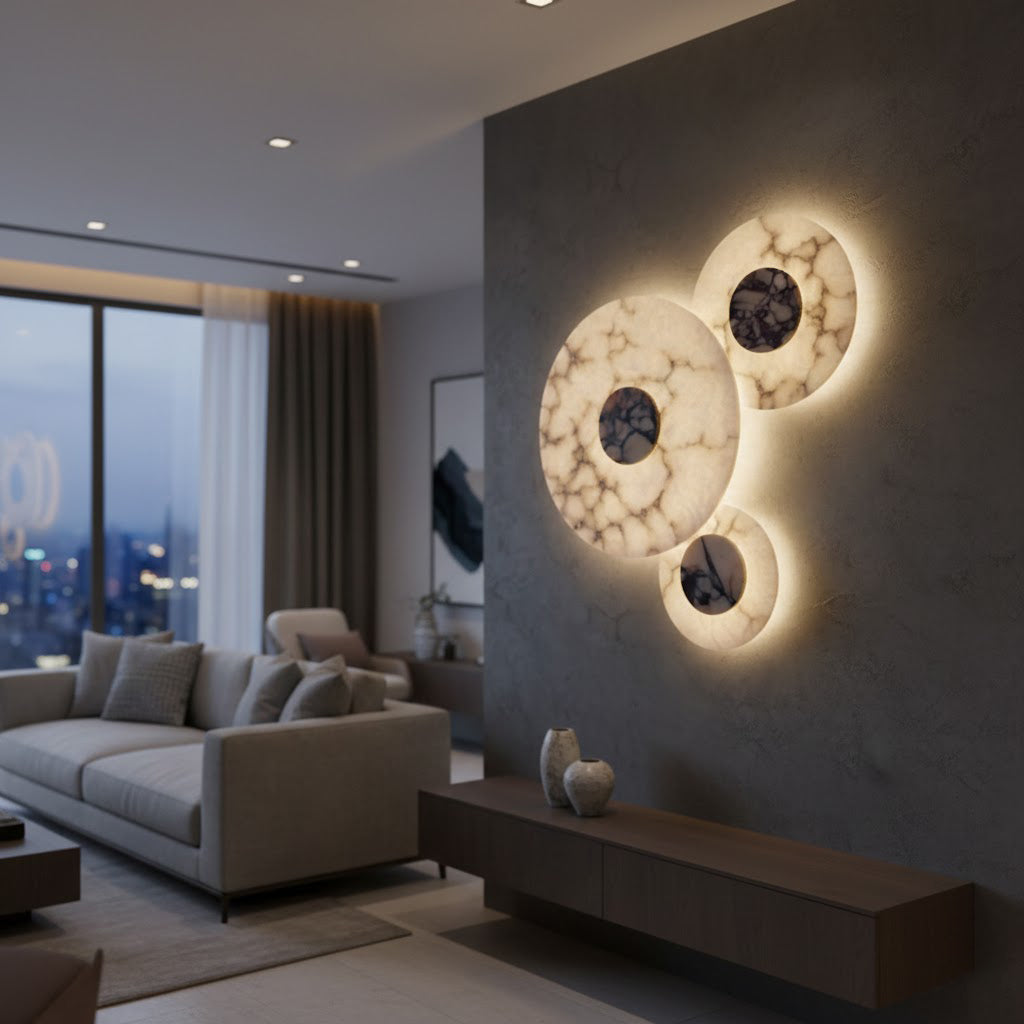 Lifestyle image of the Median Alabaster Wall Lamp providing ambient light.