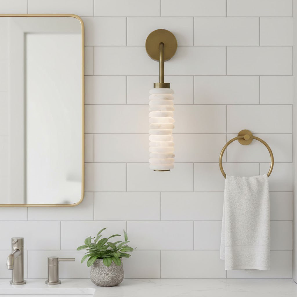 Detail shot of the antique brass fixture and alabaster connection.