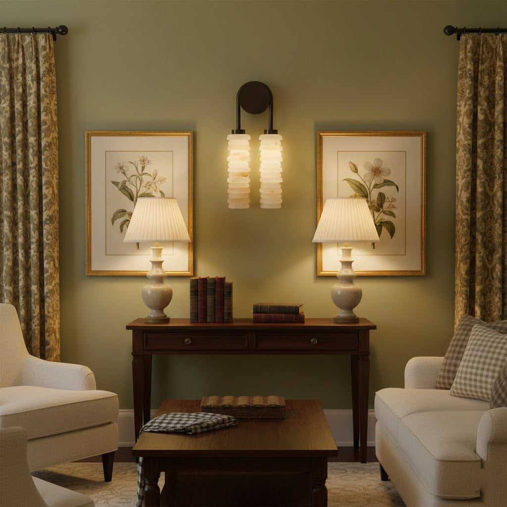 Diagram showing the dimensions of the Payson Double Alabaster Wall Lamp.