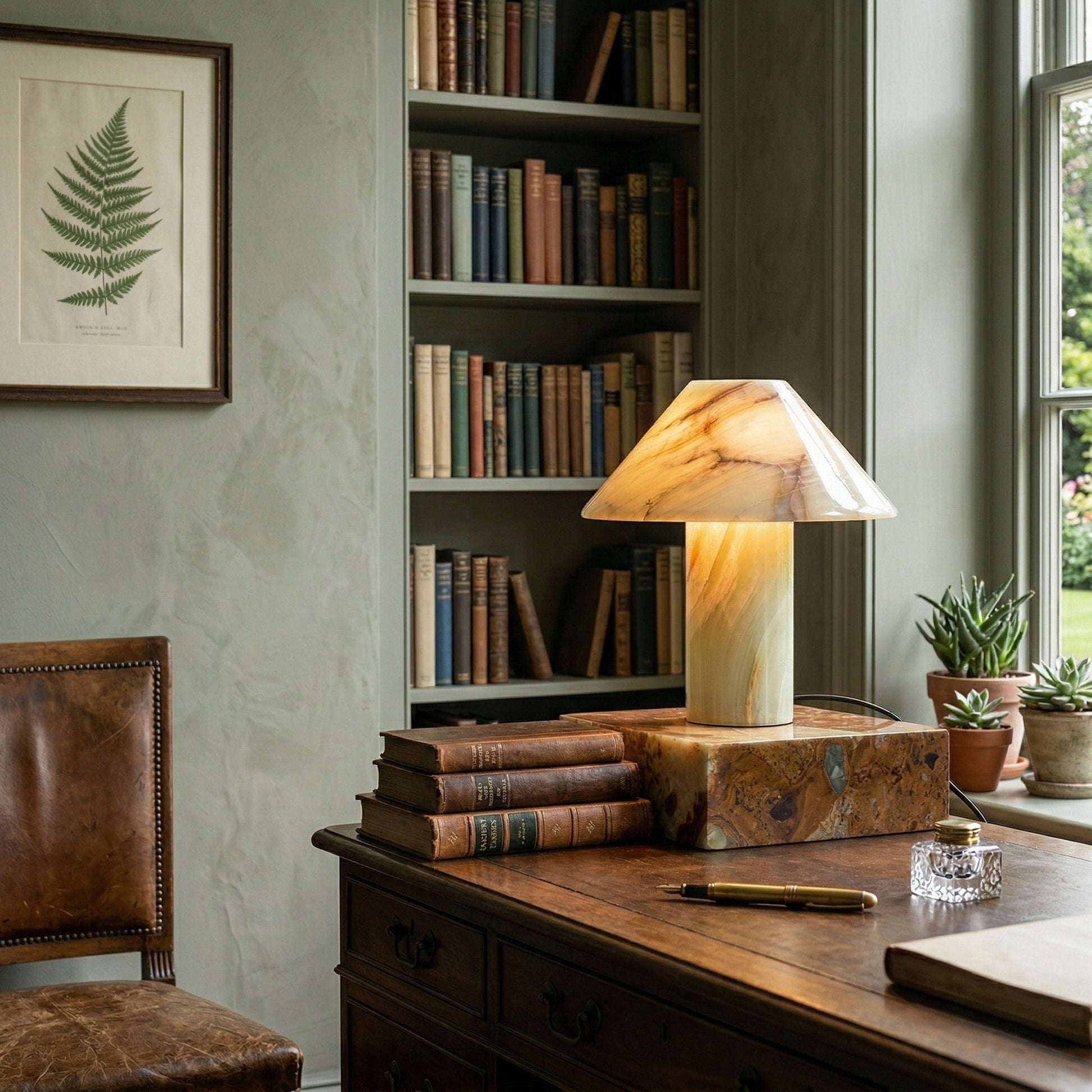 Angled view of the Cyan Onyx table light.