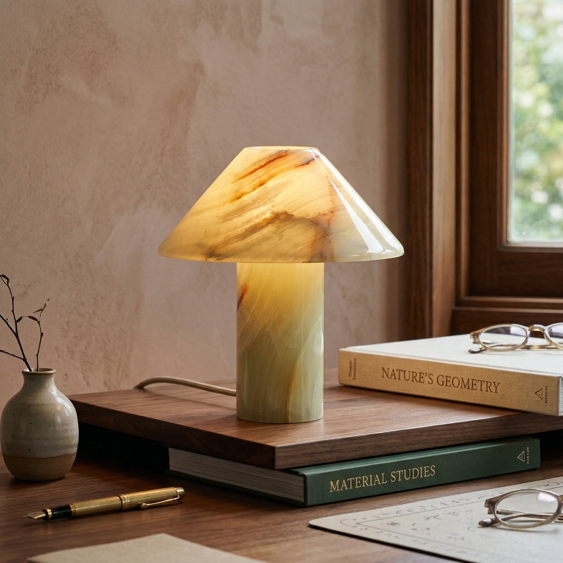 Pillar Stone Table Light in Purple Onyx, front view.