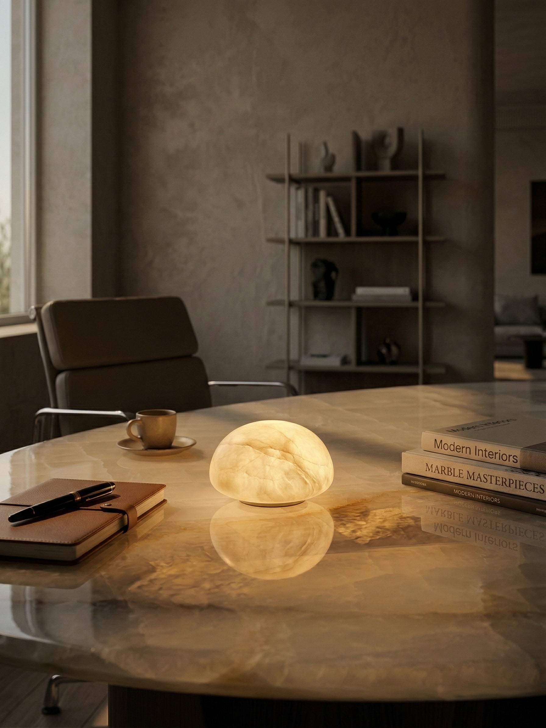 Lifestyle image of the Alabaster Petite lamp on an entryway console table.