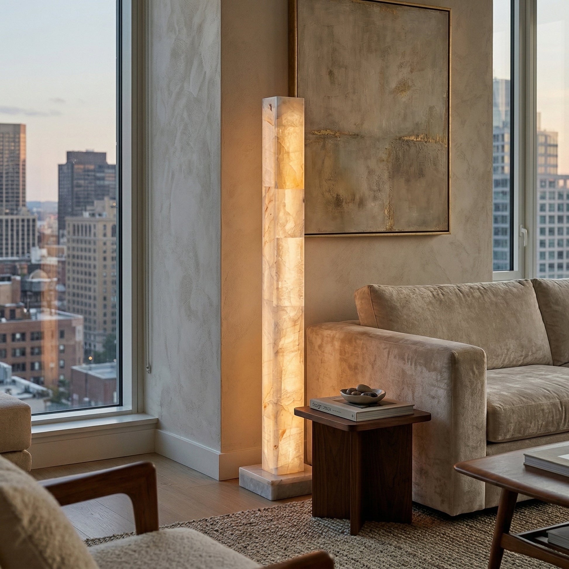 Frozen Alabaster Floor Lamp illuminating a cozy corner.