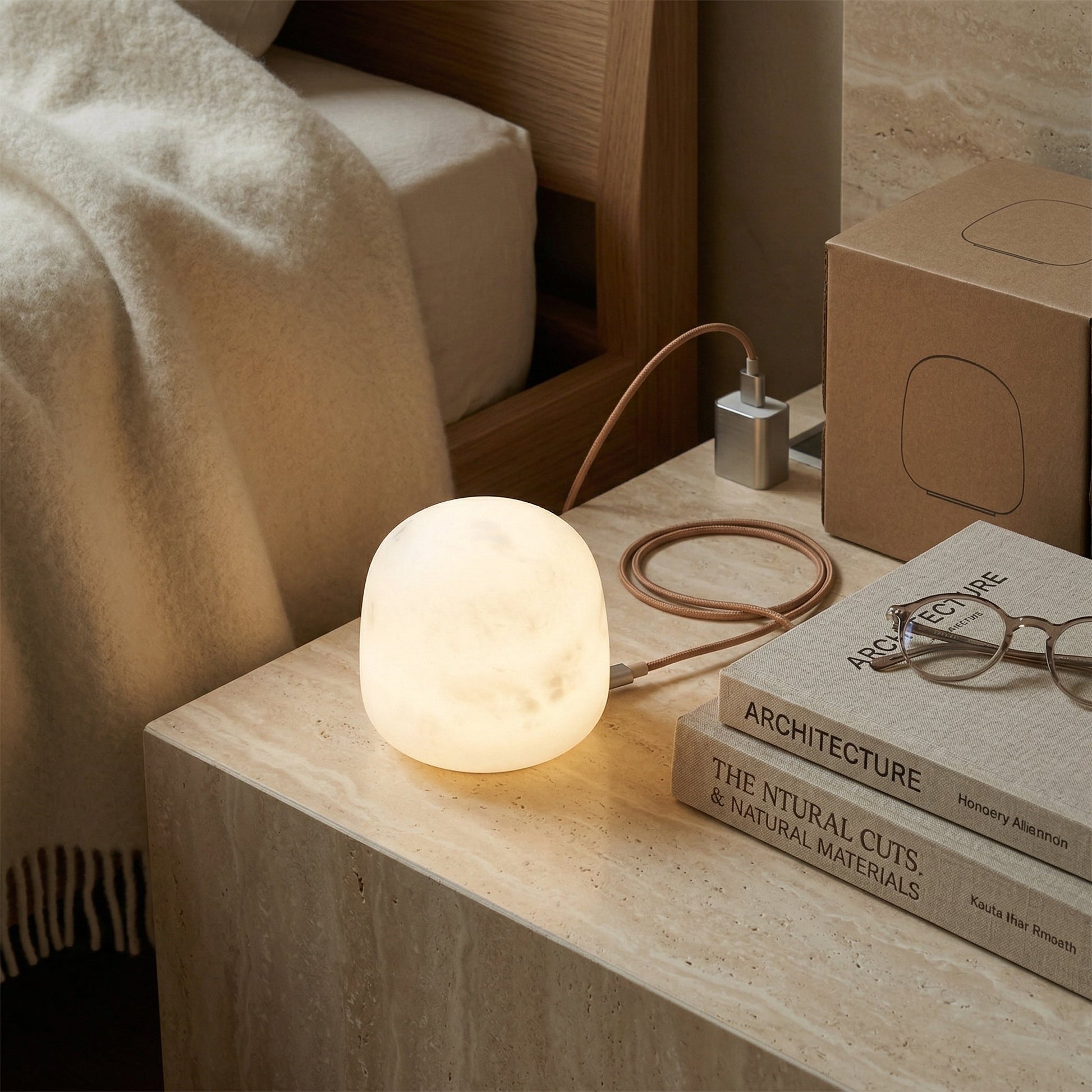 Bottom view of the alabaster lamp showing the USB charging port.