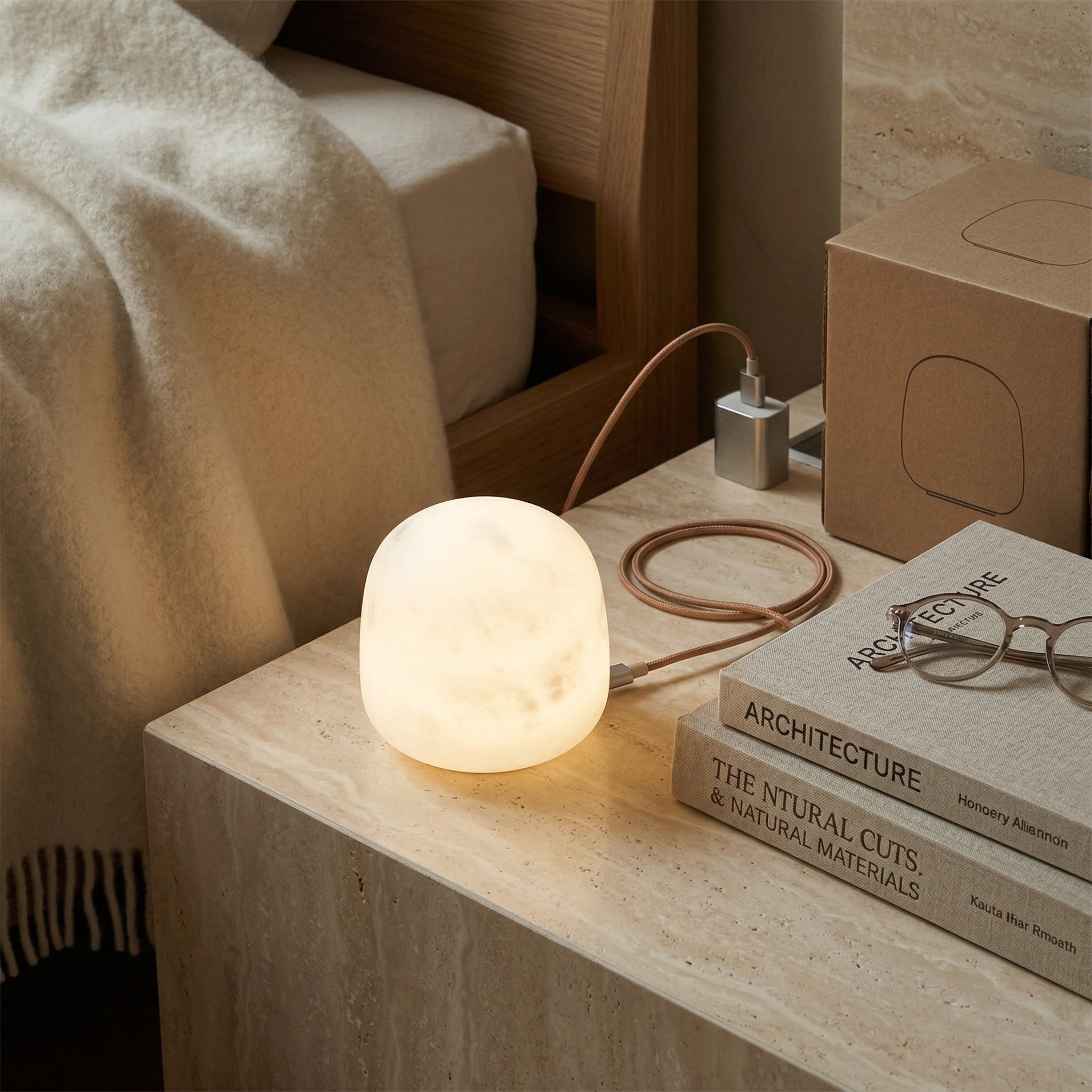Bottom view of the alabaster lamp showing the USB charging port.