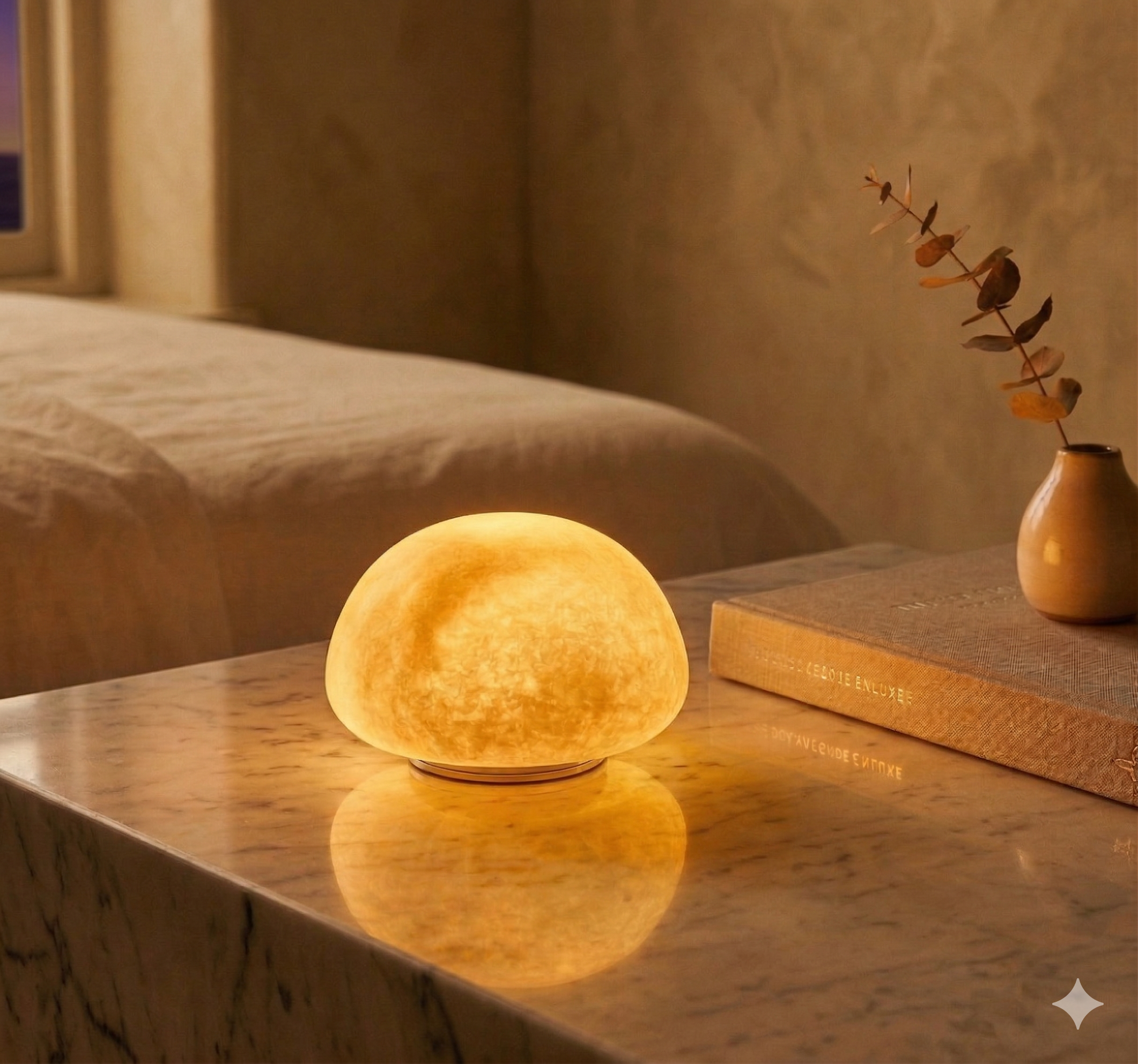 A hand holding the small, apple-sized alabaster lamp to show its scale.