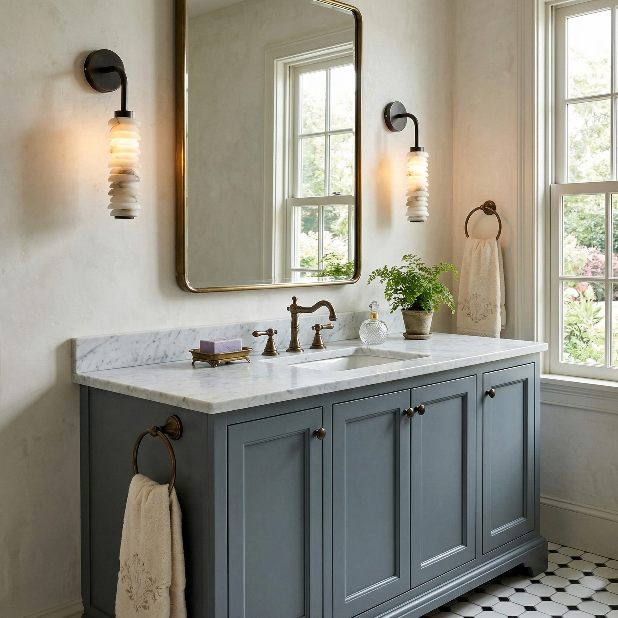 Payson Alabaster Wall Sconce shown in a modern living room setting.