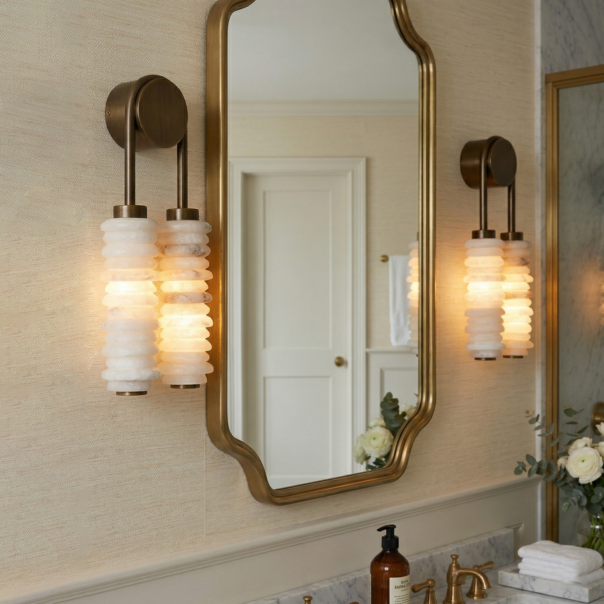 Angled view highlighting the texture of the alabaster and brass.