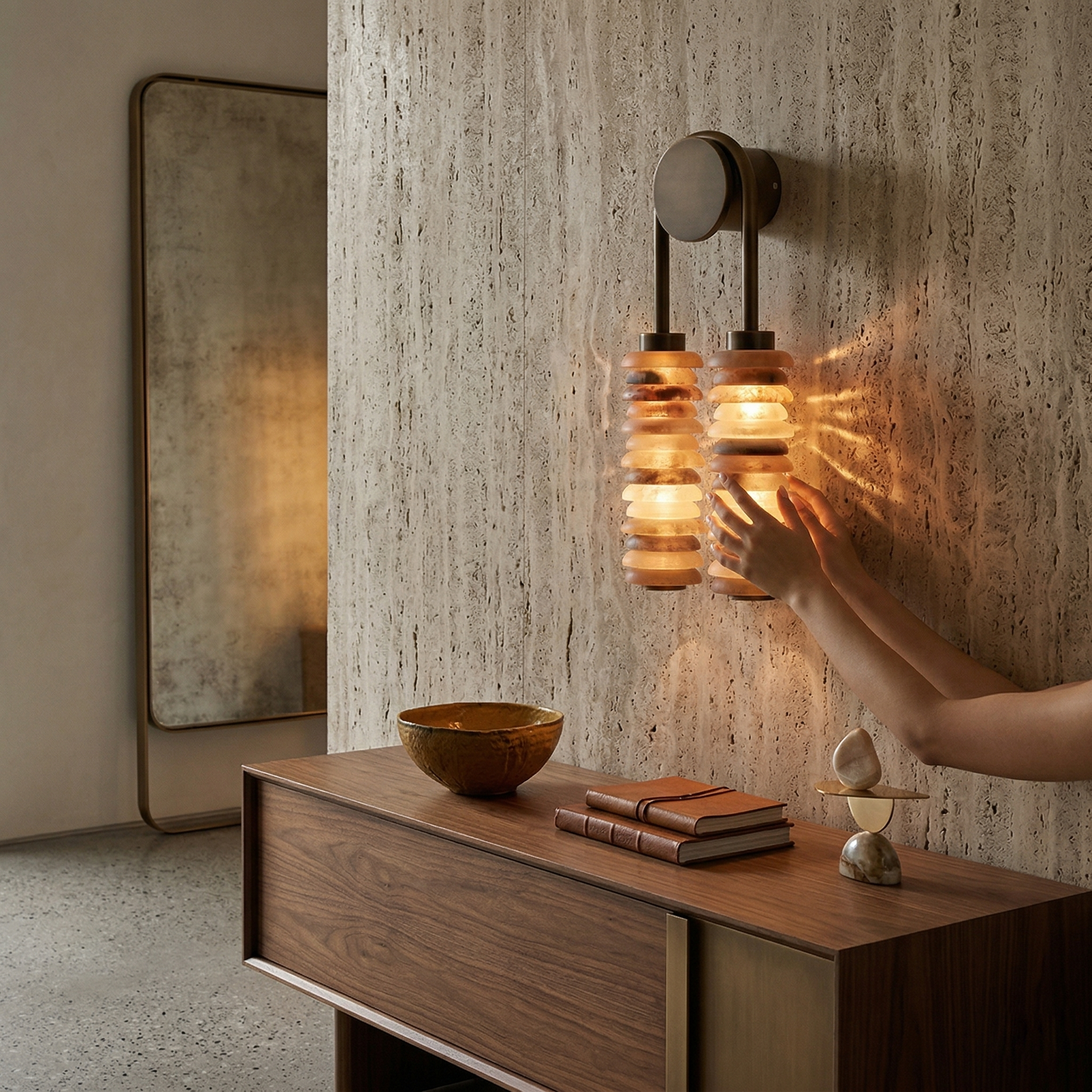 Payson Alabaster Wall Lamp against a dark colored wall.
