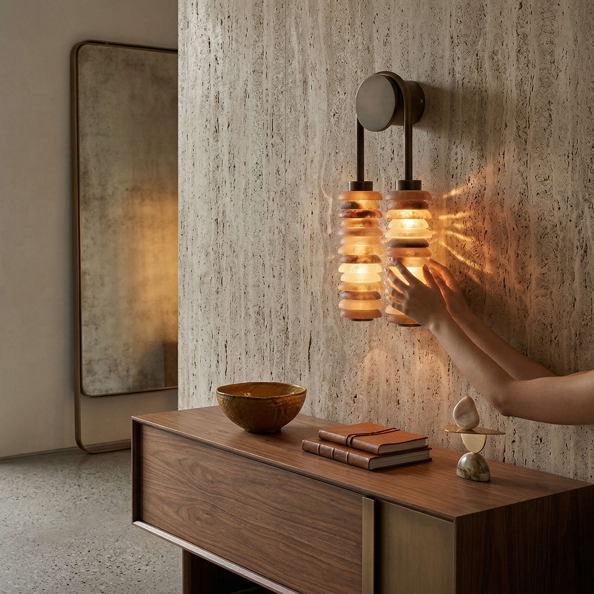 Payson Alabaster Wall Lamp against a dark colored wall.