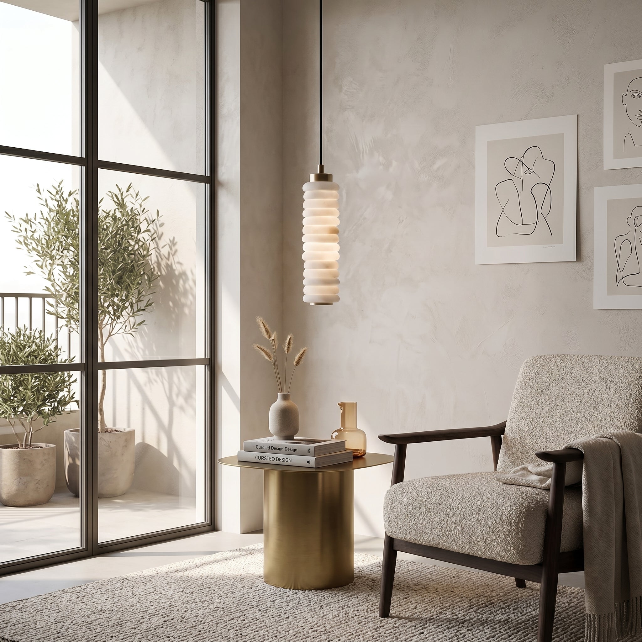 Side view of the minimalist cylindrical alabaster shade.