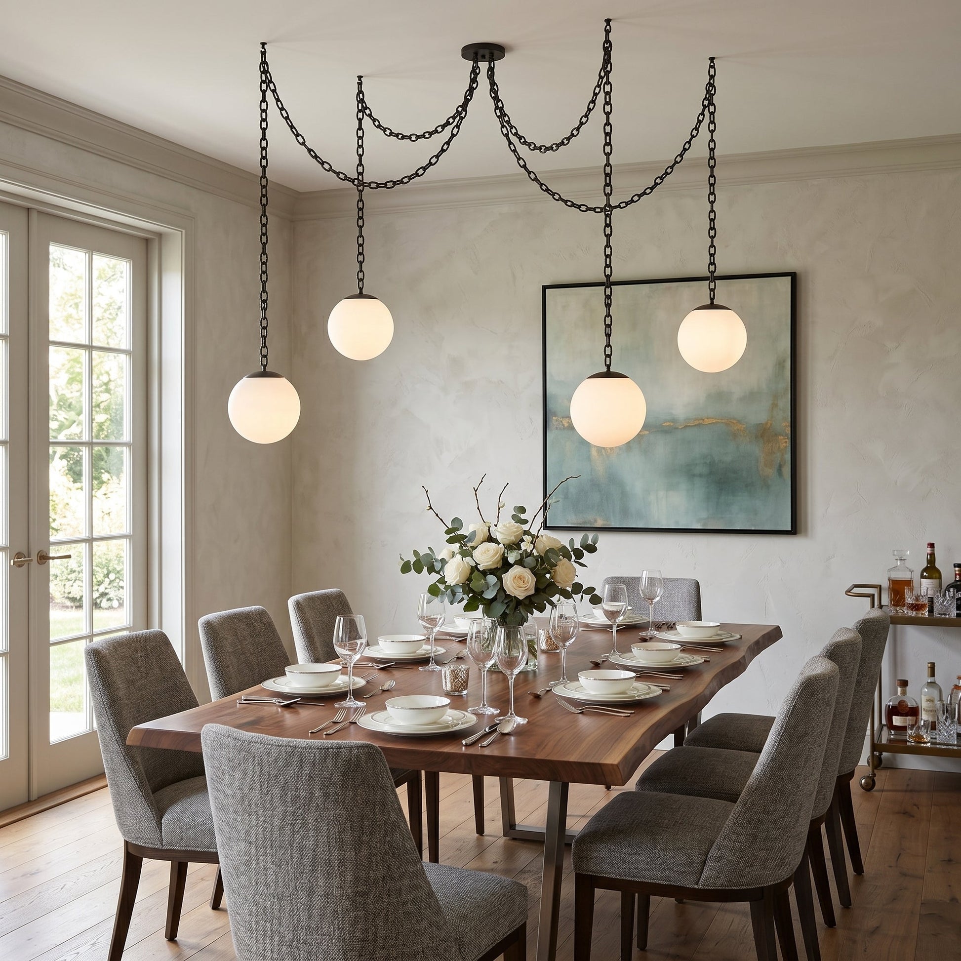The Alabaster Swag Pendant Lamp with one globe.
