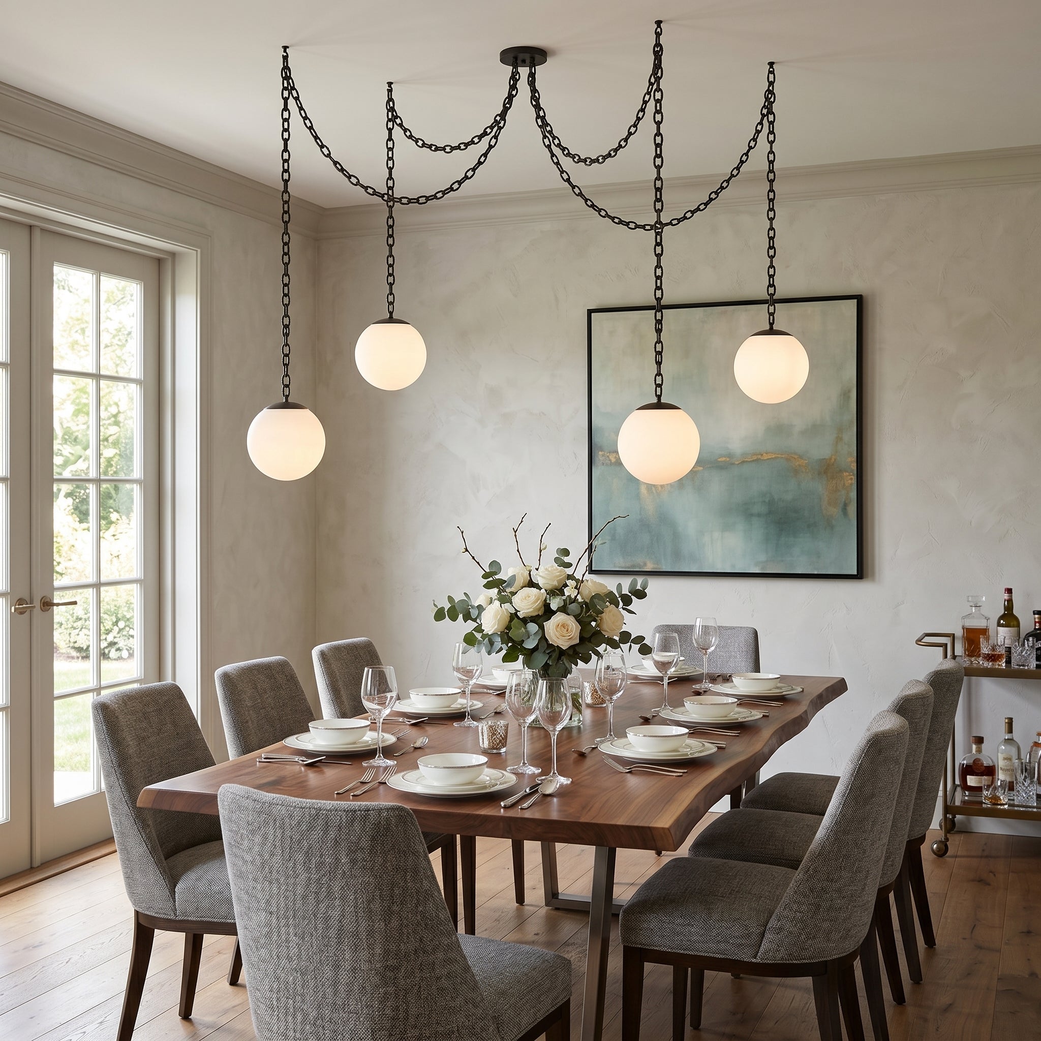 The Alabaster Swag Pendant Lamp with one globe.