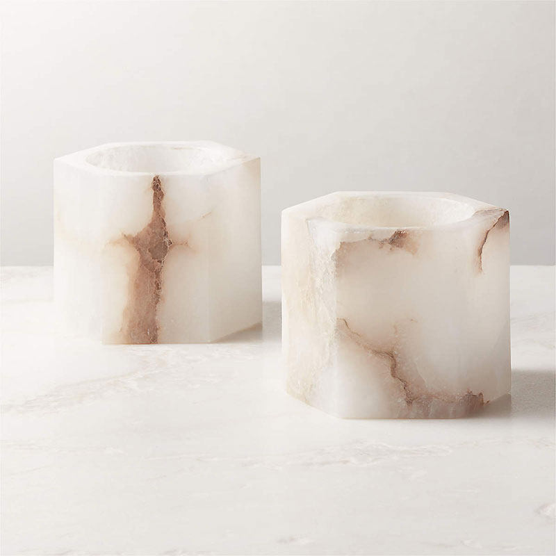 Qesta Bedsides Interior Modern Natural Alabaster Cube Candle Holder-Neutral Decor