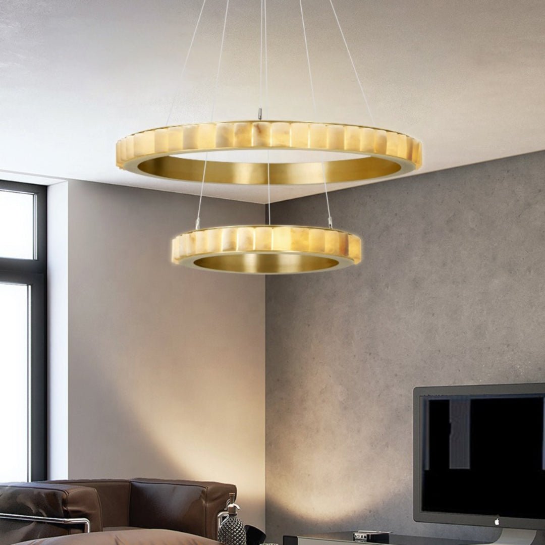 Orion Double Ring Alabaster Chandelier-Neutral Decor