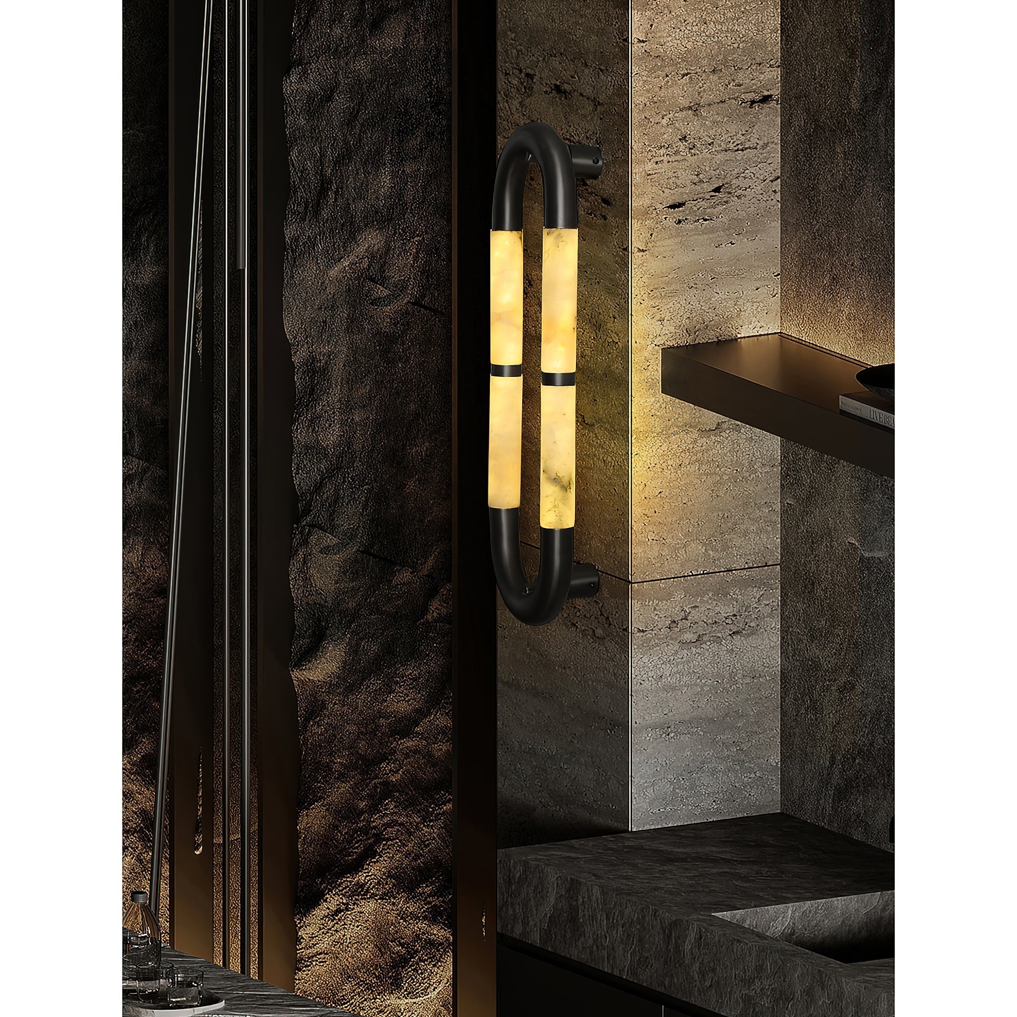 The sconce turned on, showing the warm glow through the alabaster.